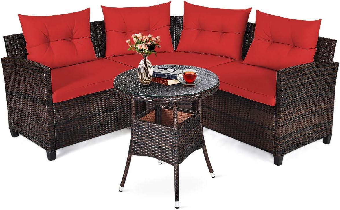 Costway 4PCS Outdoor Patio Rattan Furniture Set Cushioned Sofa Table Red