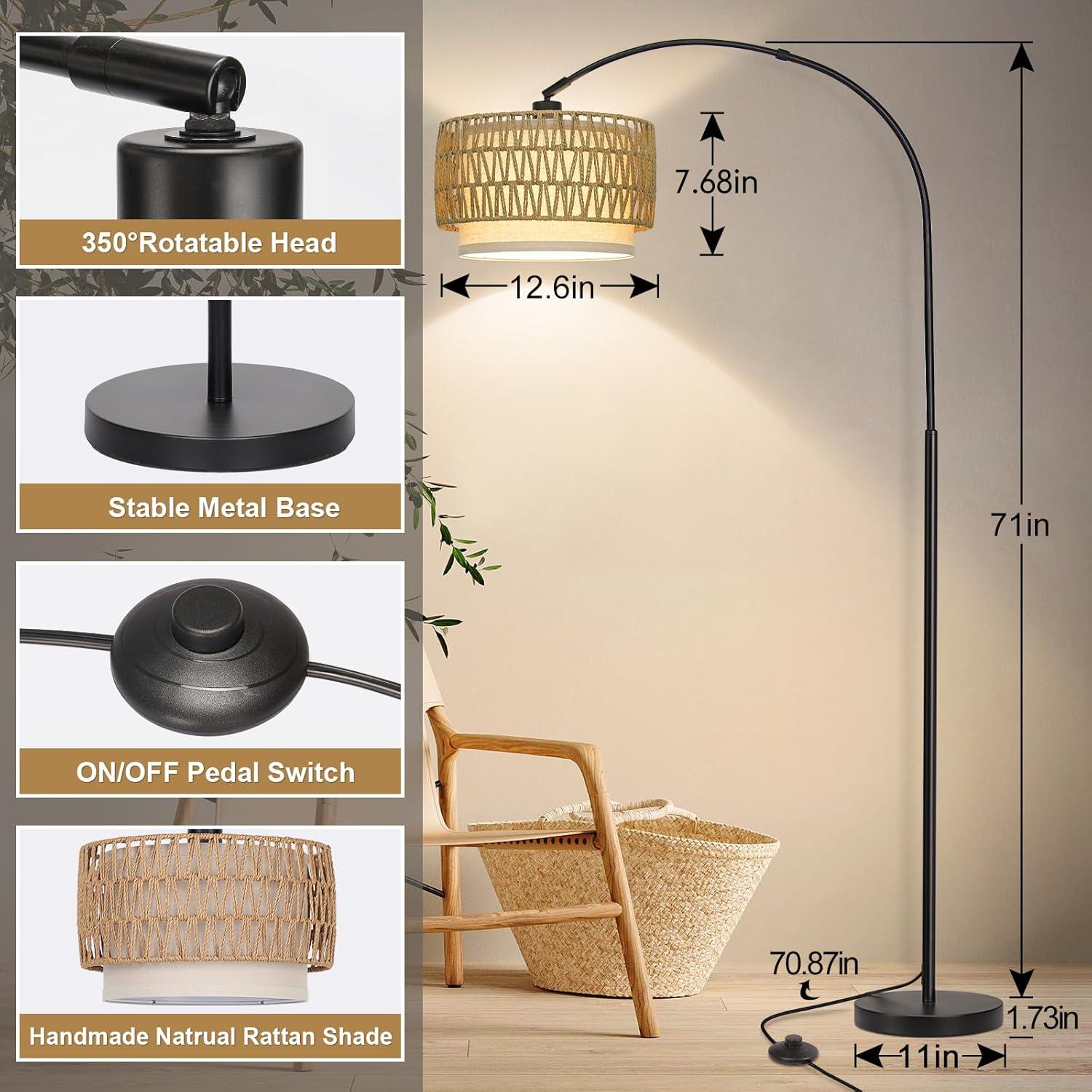 Rattan Floor Lamp, Dimmable Arc Floor Lamps for Living Room, Boho Farmhouse Standing Lamp with Adjustable Head, Tall Pole Lamp Reading Light for Bedroom, Over Couch, Office, 9W LED Bulb Included