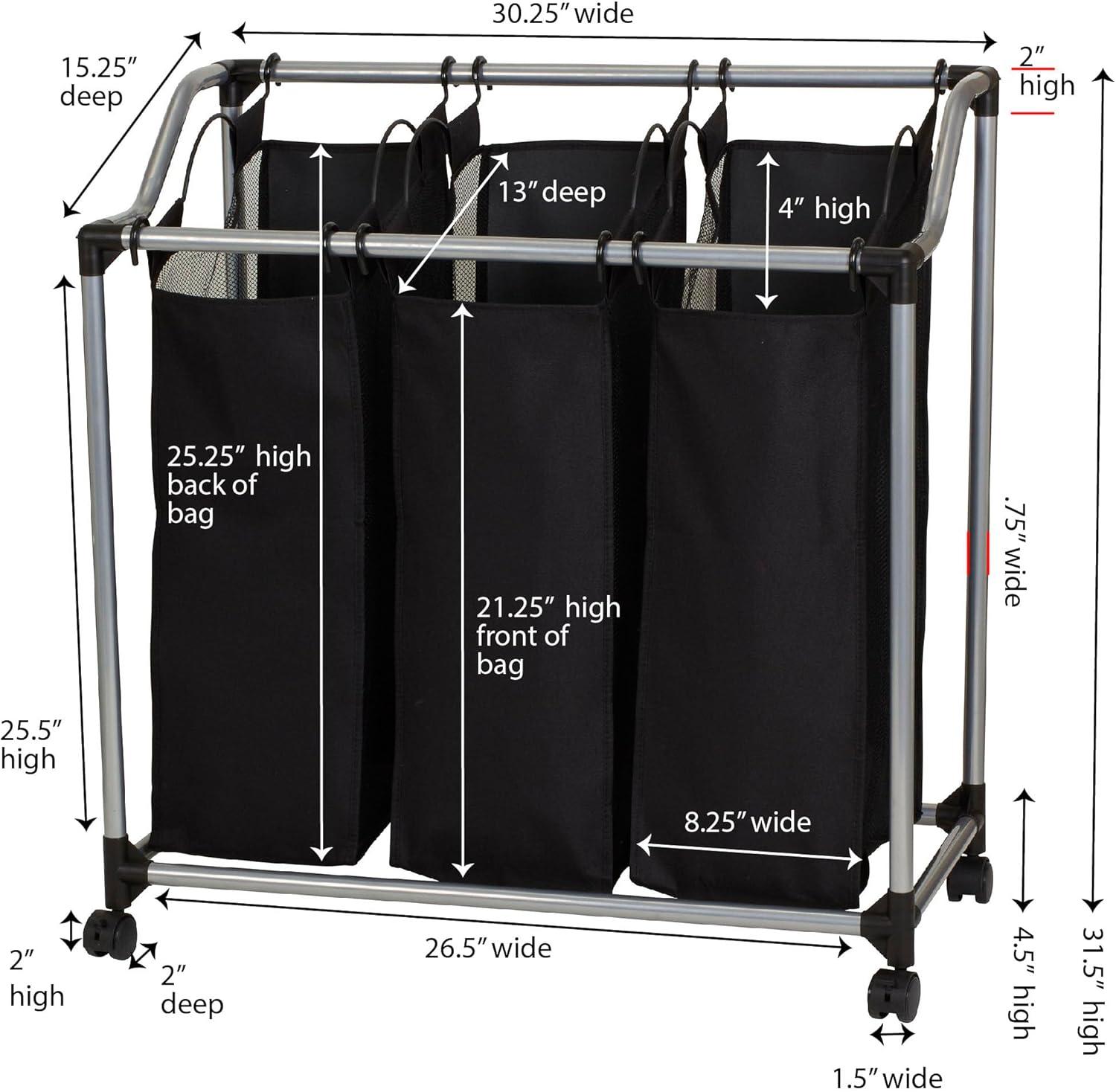 Household Essentials Triple Sorter Silver/Black: Rolling Clothes Hamper with Steel Frame & Sorter Bags