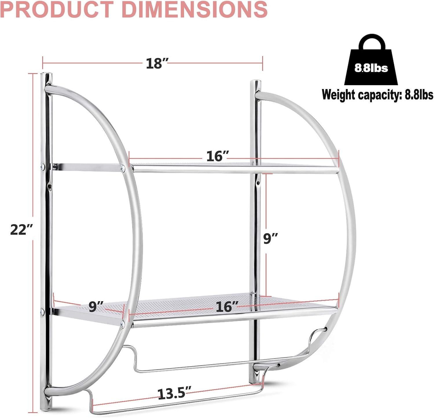 Wall Mount 2 Tier Bathroom Shelf with Bars, 18" W X 10" D X 22" H, Chrome Bathroom Shelf, Home Toilet Double Layer Shelf, Rustproof Chrome Shelf