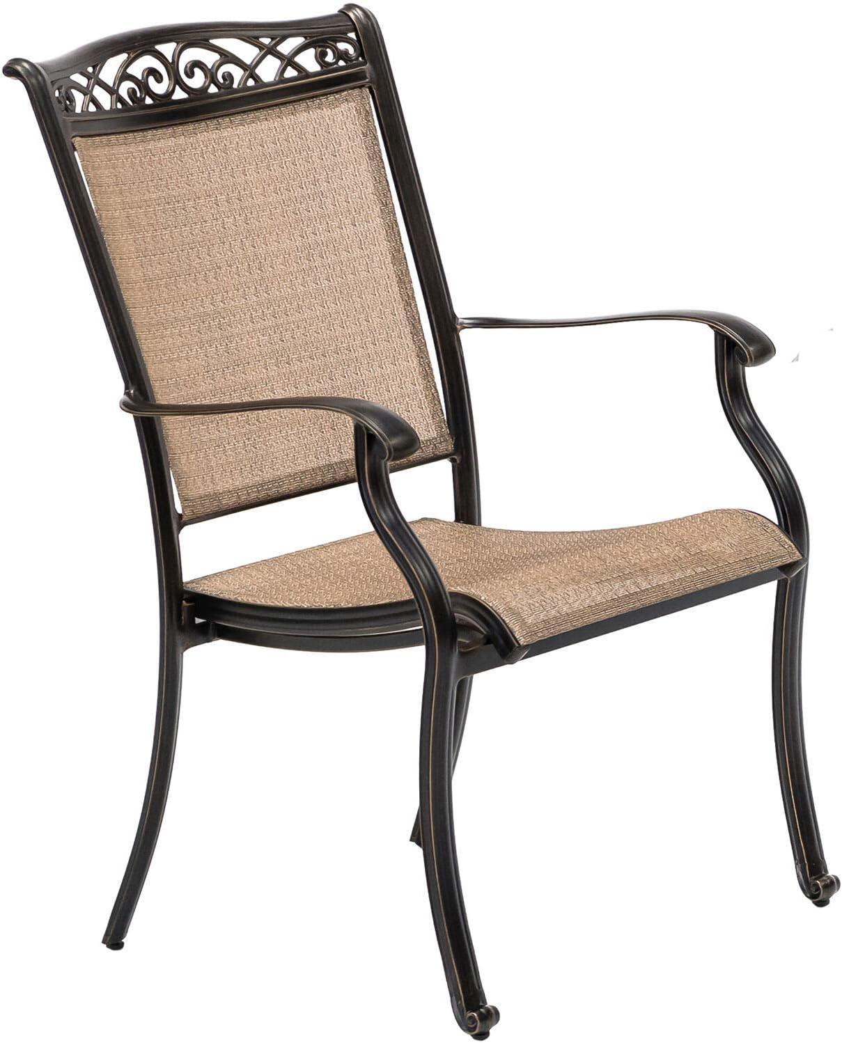 Hanover Fontana 7-Piece Outdoor Dining Set with 2 Sling Swivel Rockers, 4 Sling Chairs, and a 38-In. x 72-In. Cast-Top Table