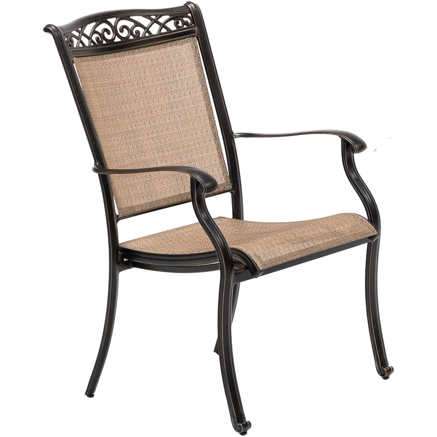 Hanover Fontana 7-Piece Outdoor Dining Set with 2 Sling Swivel Rockers, 4 Sling Chairs, and a 38-In. x 72-In. Cast-Top Table