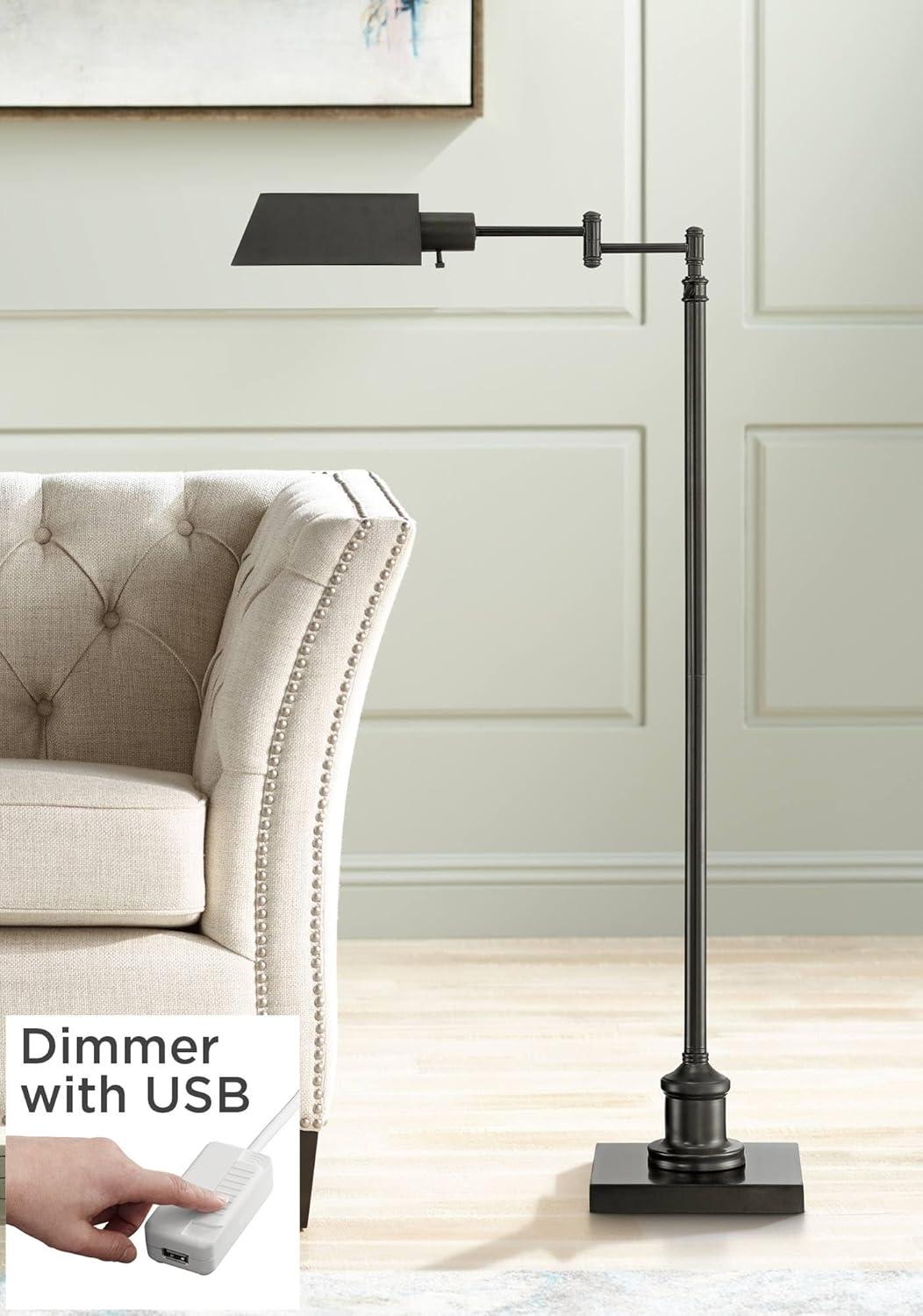Regency Hill Industrial Adjustable Swing Arm Pharmacy Floor Lamp with USB Charging Port 54" Tall Dark Bronze Living Room Reading