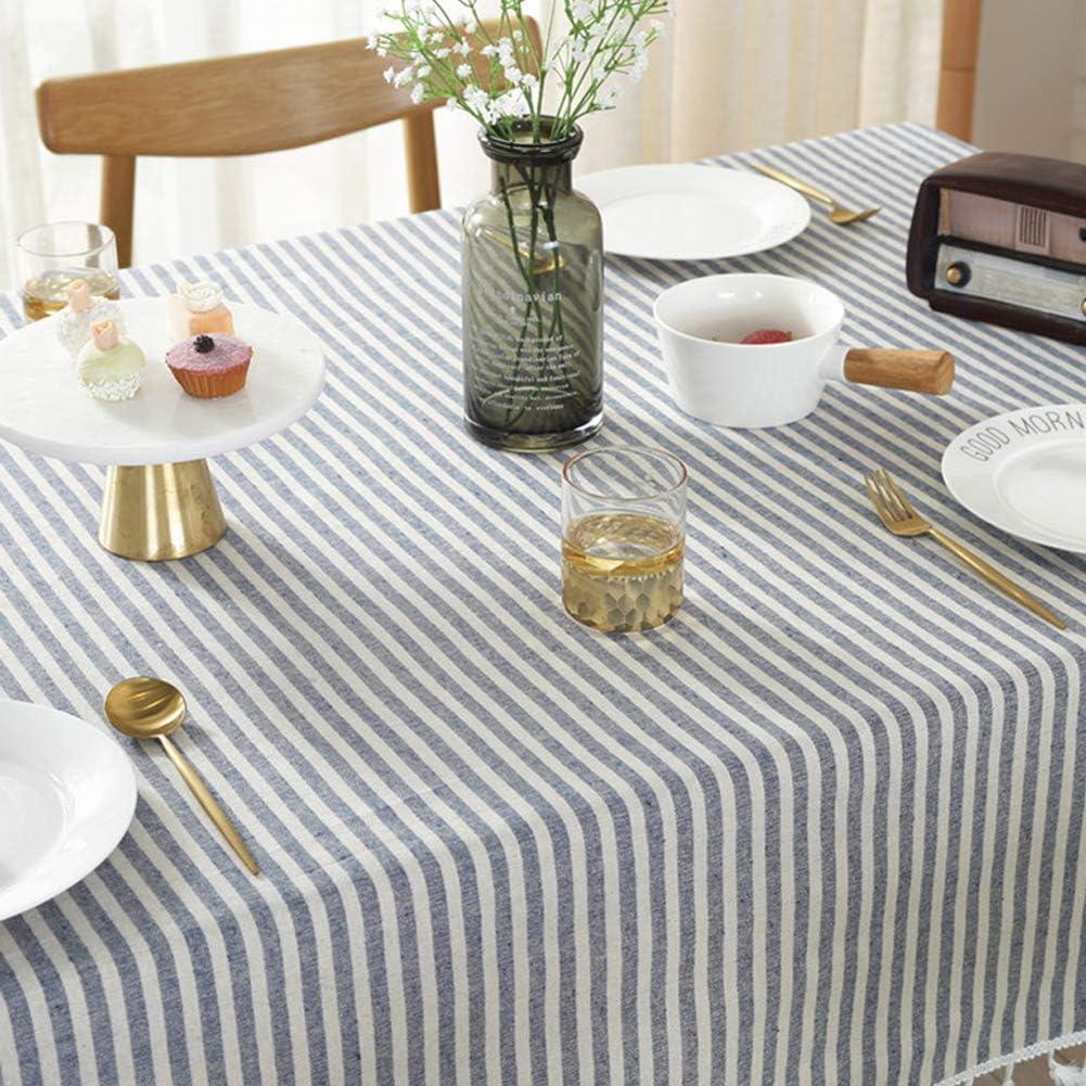 AMZALI Stripe Tassel Tablecloth Cotton Linen Stain Resistant/Dust-Proof Waterproof Table Cover for Kitchen Dinning Tabletop Decoration (Rectangle/Oblong,55 x 87 Inch, Blue)