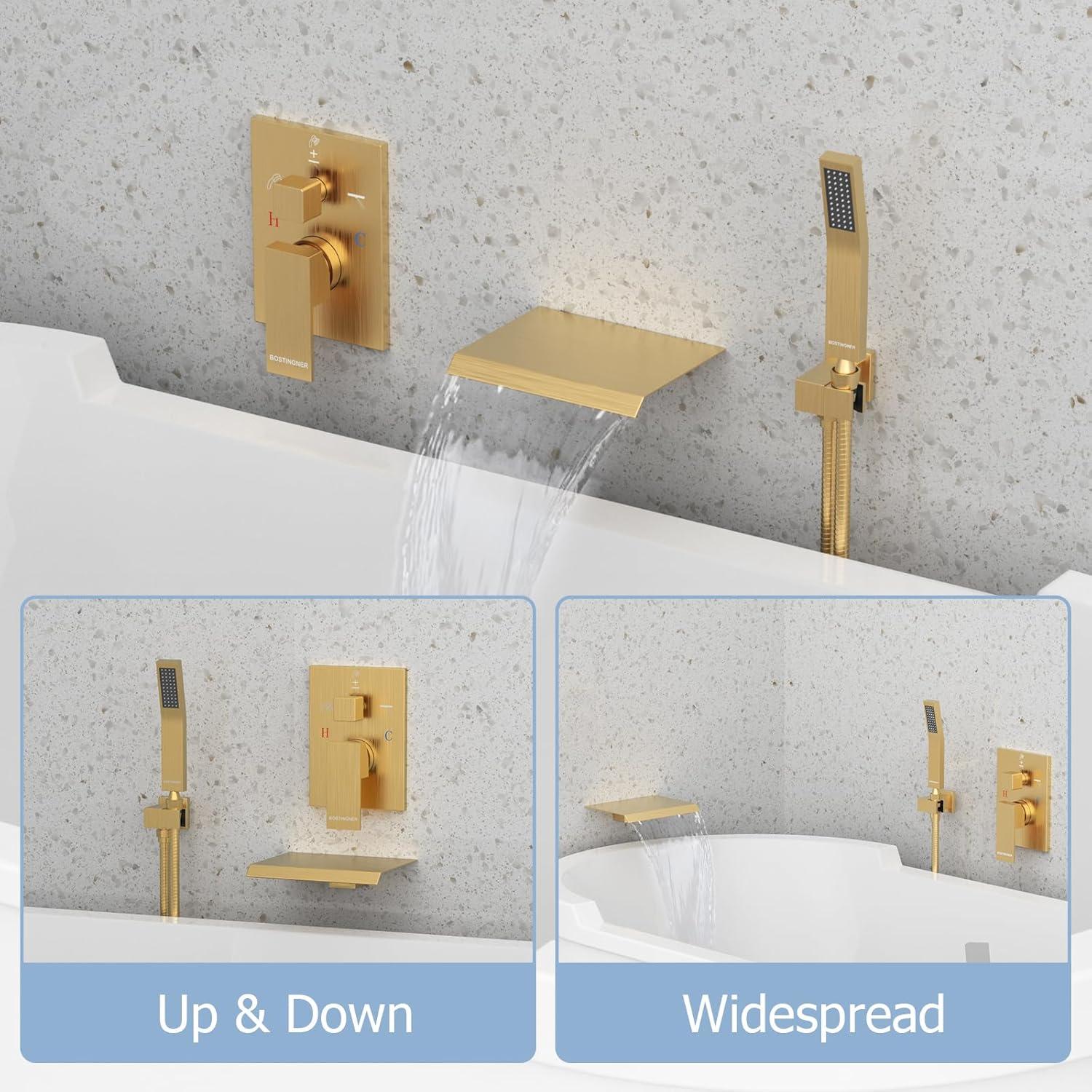 AWZTOO Wall Mounted Tub Faucet With Hand Shower Waterfall Bathtub Faucets Single Handle Tub Filler Set Brushed Gold Brushed, Gold Finish