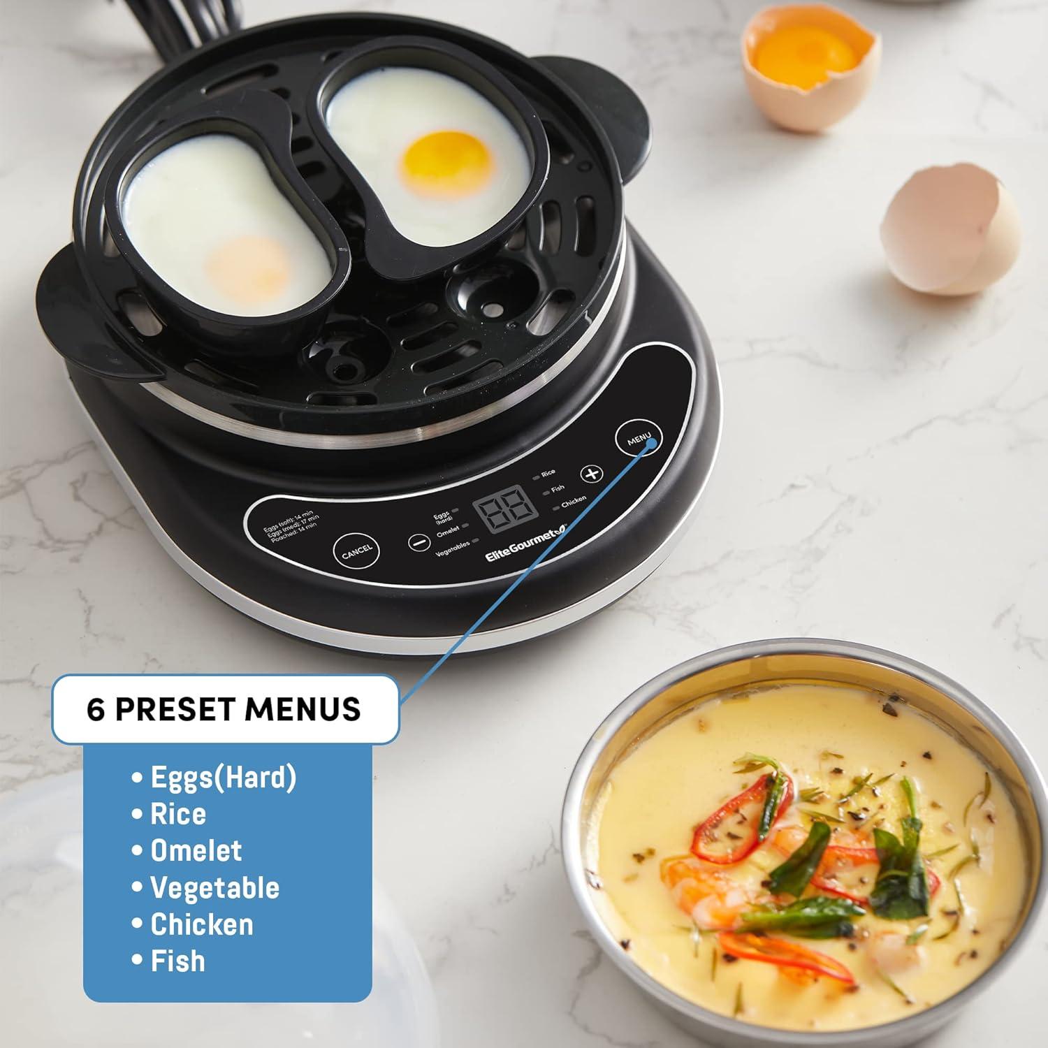 Elite Gourmet Black Digital 2-Tier Egg Cooker and Steamer