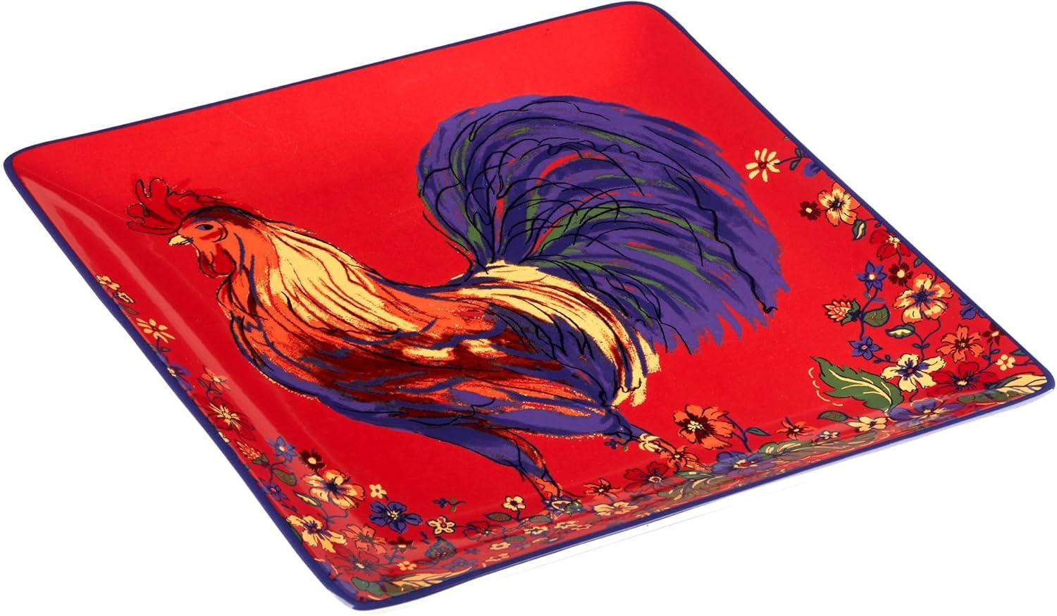 Vibrant Red Ceramic Square Platter with Rooster Design