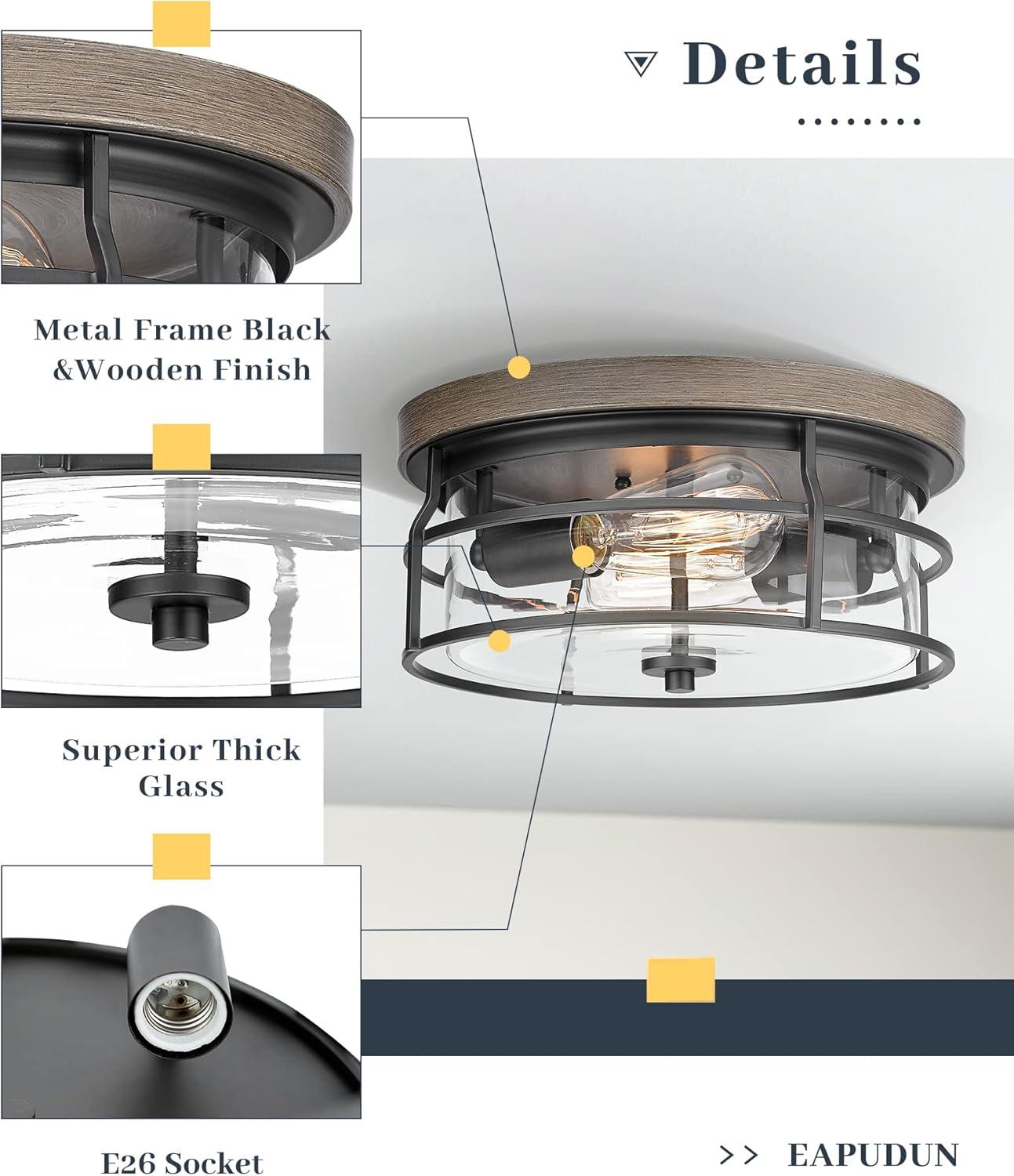 Farmhouse Vintage 12'' Black and Wood Flush Mount Ceiling Light with Clear Glass