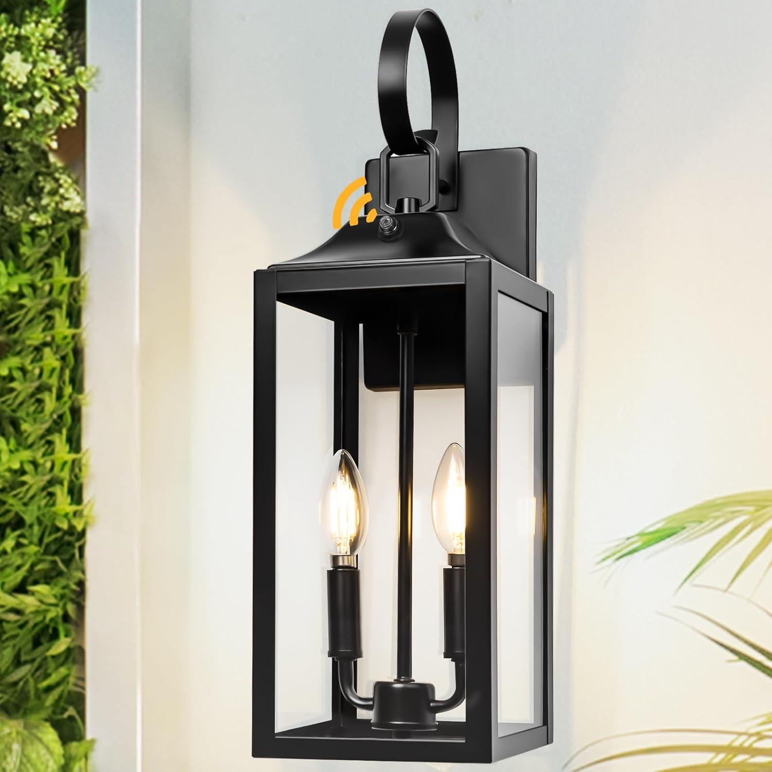 Dusk To Dawn Outdoor Wall Lantern 2-Light, 19" Large Outside Modern Wall Sconce Light Fixture, Industrial Porch Light Wall Mount With Glass, Waterproof Farmhouse Exterior Lamp Lighting