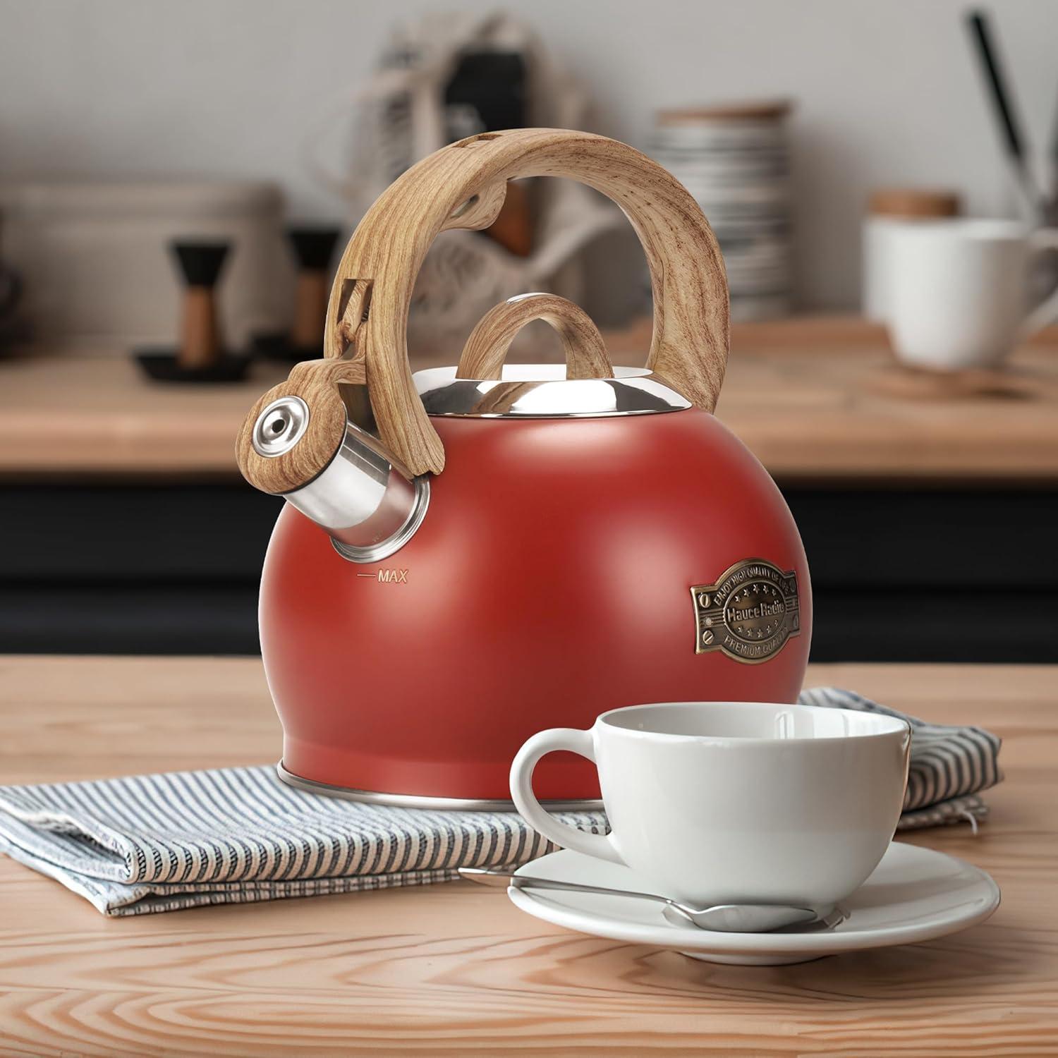 SUSTEAS Retro Tea Kettle for Stove Top, 2.64QT Whistling Teapot with Ergonomic Handle, Red