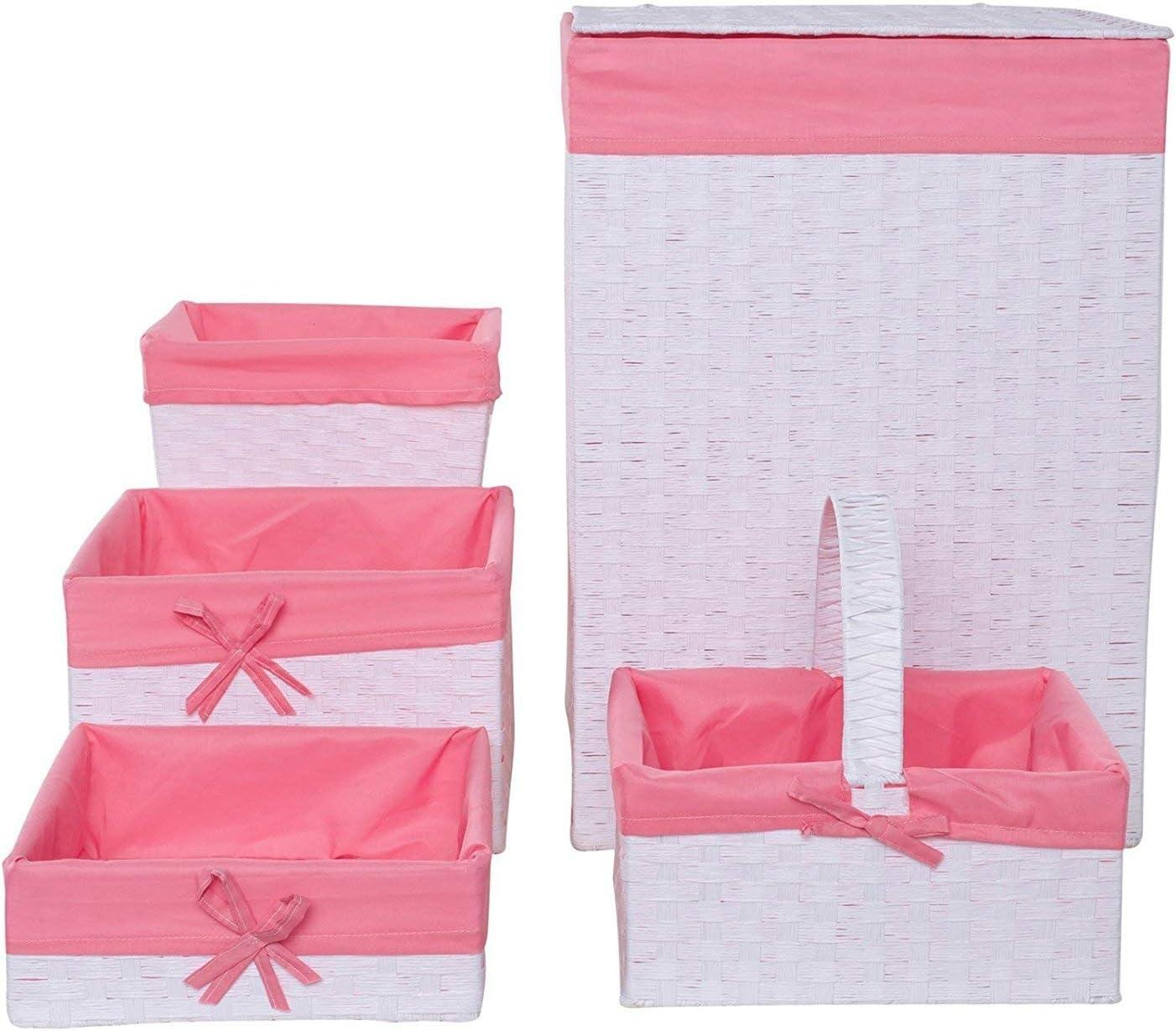 White and Pink Five Piece Weave Pattern Hamper Set