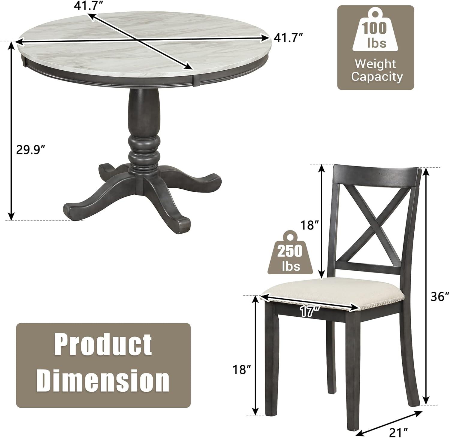 5 Pieces Dining Table and Chairs Set, Dining Room Table Set for 4 Persons with Faux Marble Tabletop and 4 Chairs, Solid Wood Kitchen Dining Set for Small Spaces, Gray