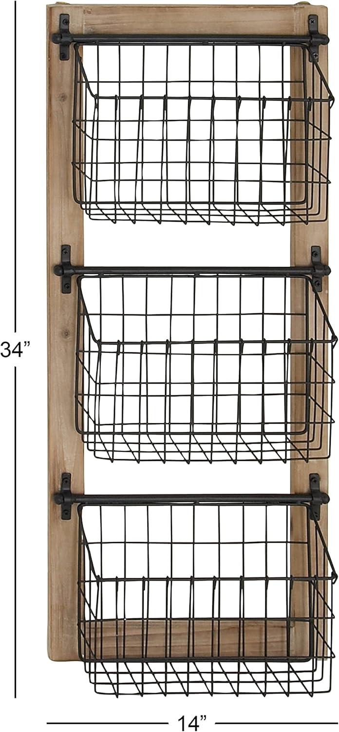 DecMode Black/Brown Farmhouse 3 Tier Hanging Metal Magazine Rack Holder, 14"W x 34"H