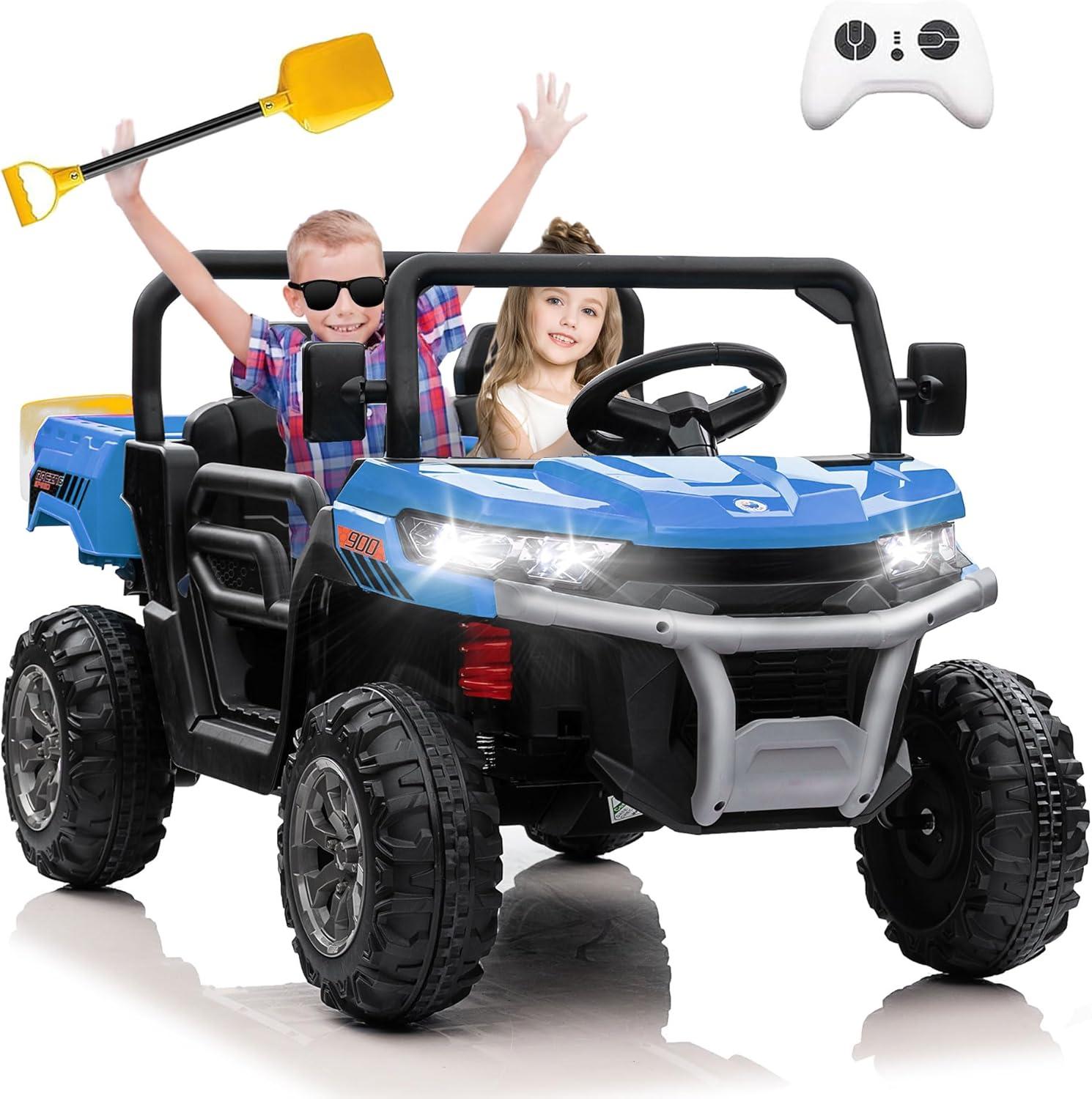Xuanlur 24V 2 Seater Kids Ride on Car Truck, Ride on UTV W/ 2x200W Motor, 24 Volt Ride on Toys W/ Dump Bed/Shovel, Electric Car for Kids W/ Durable Tires, LED Light, Music, Remote Control, Blue