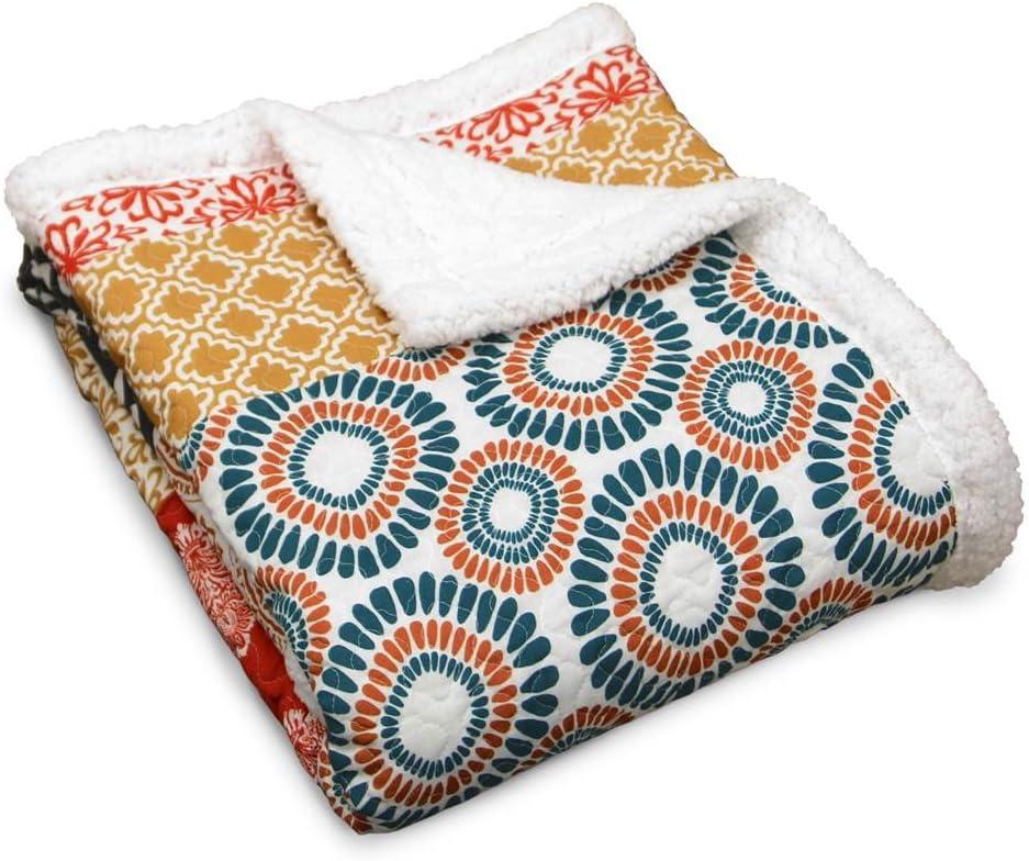 Bohemian Stripe Turquoise and Orange Cotton Sherpa Throw Blanket