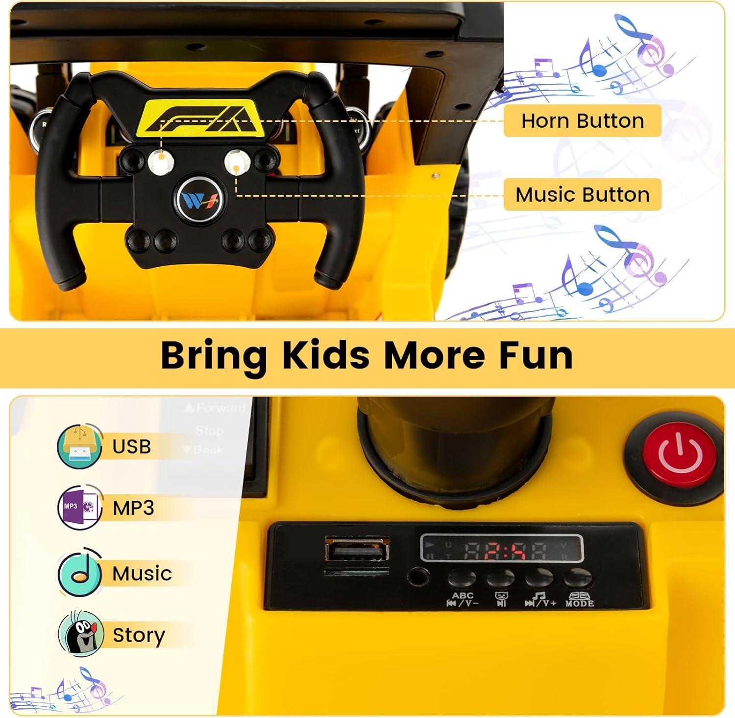 CIPACHO 12V Kids Ride On Construction Tractor with Electric Adjustable Bucket, 4WD Ride on Toys for Kids 3-8, Yellow