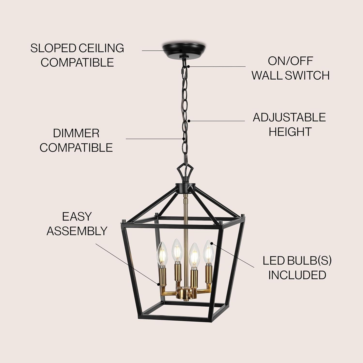 Pagoda 12" 4-Bulb Lantern Metal LED Pendant, Oil Rubbed Bronze/Brass Gold