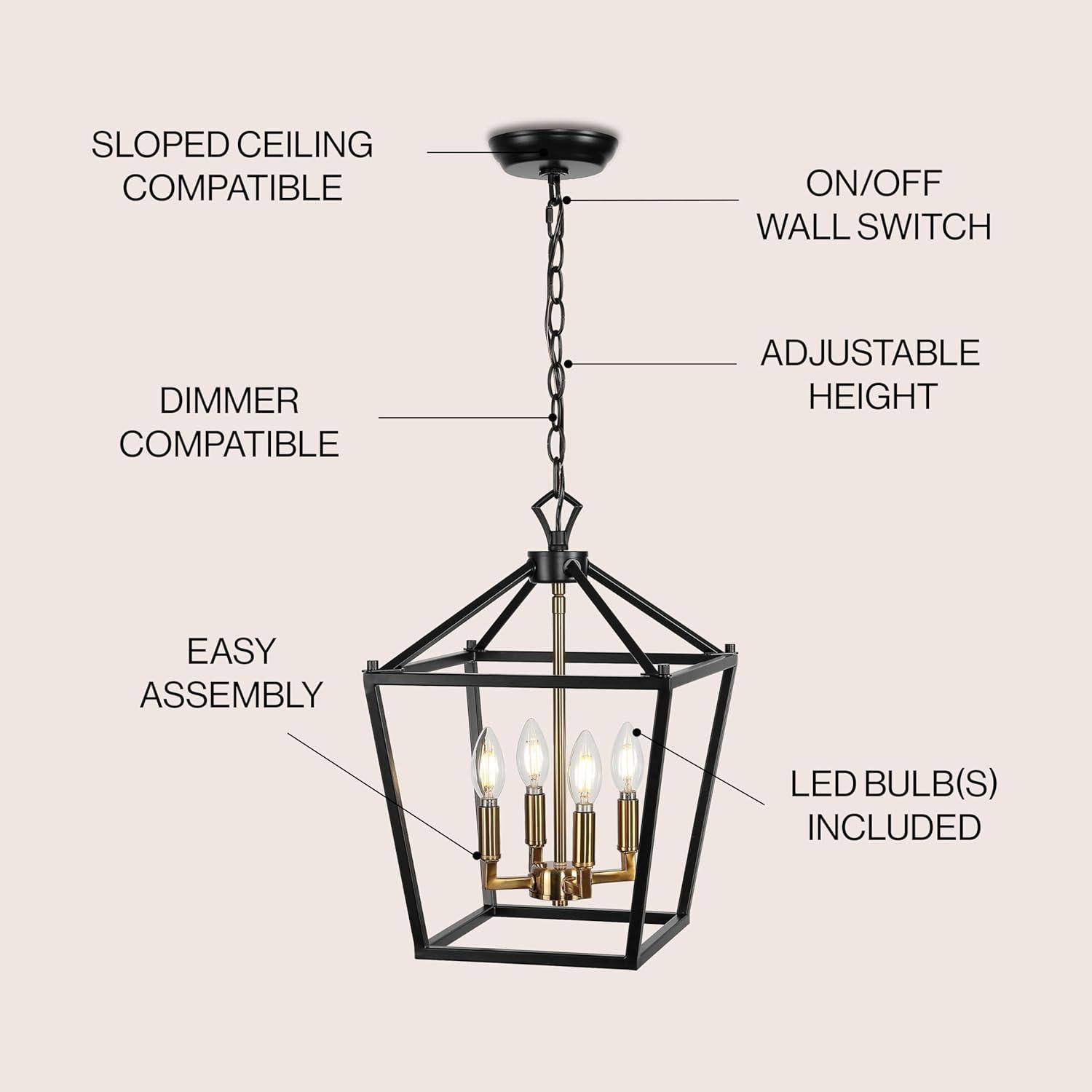 Pagoda 12" 4-Bulb Lantern Metal LED Pendant, Oil Rubbed Bronze/Brass Gold