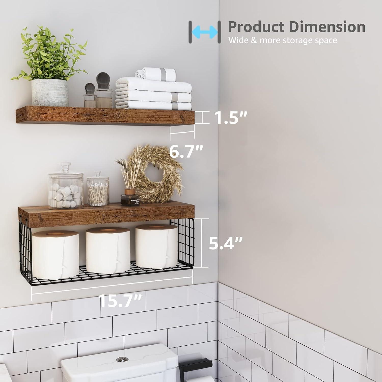 Bathroom Floating Shelves for Wall - Shelf Over Toilet Small Wall Mounted Farmhouse Decor 16 inch Set of 2, Rustic Brown (008-40BN)