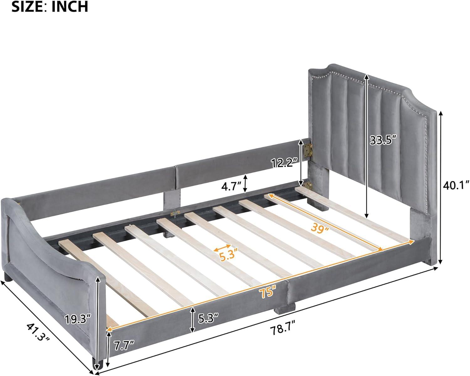 Twin Size Upholstered Bed with Belgrave Headboard, Low Platform Bed Frame with Rails, Kids Velvet Daybed with Slats Support for Girls Boys Teens, Gray
