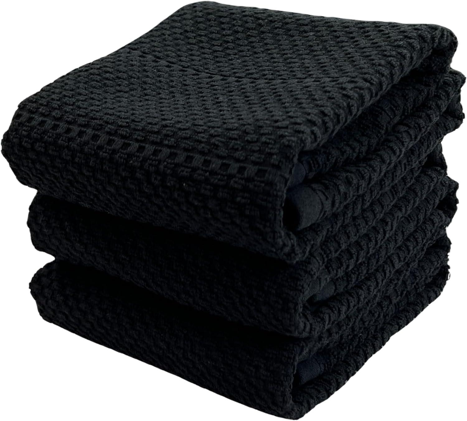 Serafina Home Black Textured Kitchen Dish Towels 100% Cotton Cloth Soft Cleaning Drying Absorbent Terry Loop: Set of 3 Multipurpose for Everyday Use