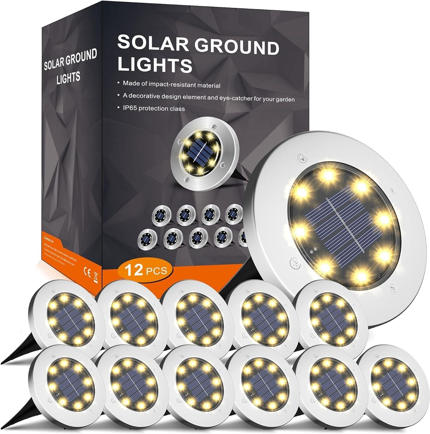 8 LED Garden Lights Solar Powered,Disk Lights Waterproof In-Ground Outdoor Landscape Lighting for Patio Pathway Lawn Yard Deck Driveway Walkway,Warm White 12 Packs