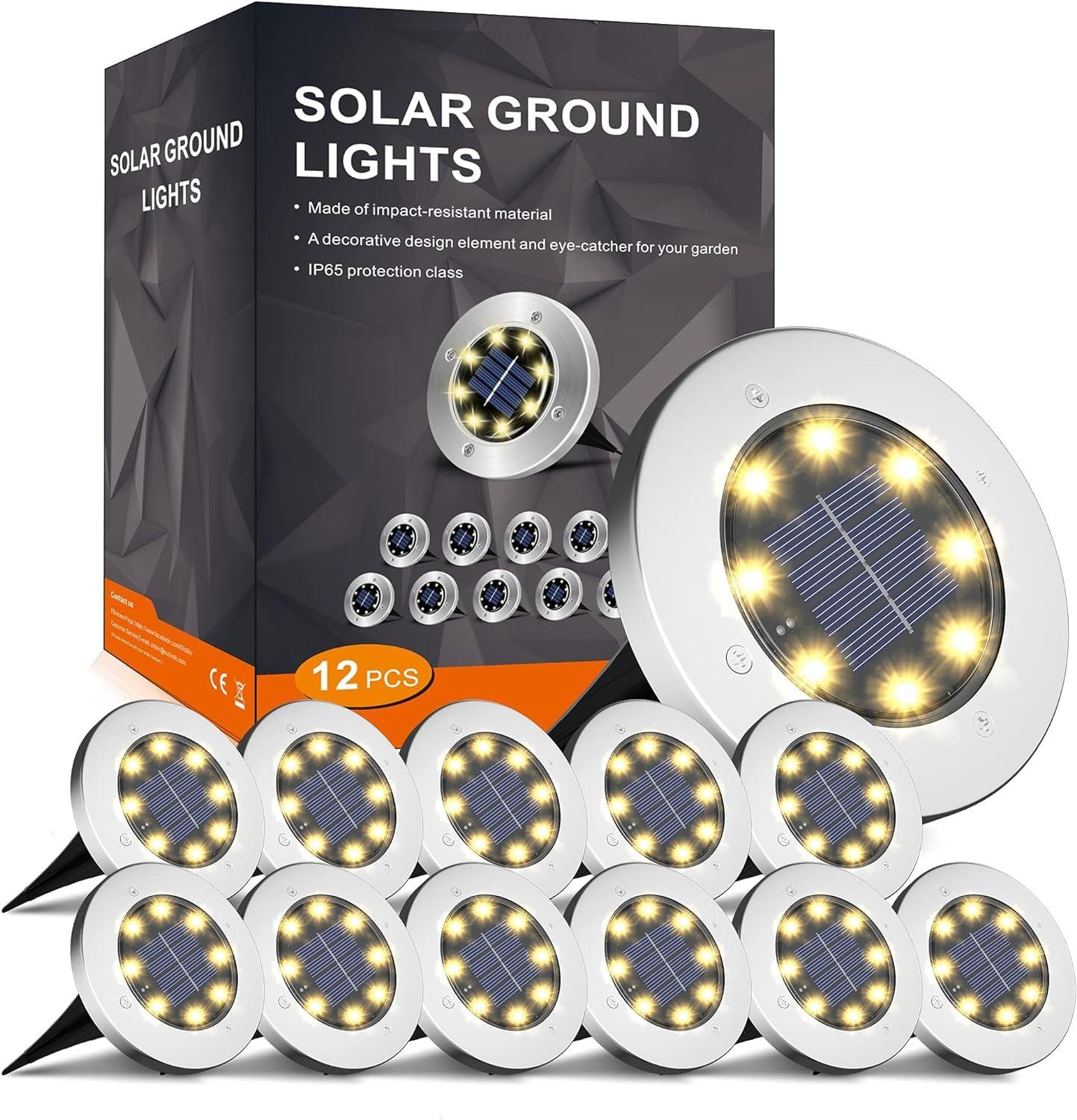 8 LED Garden Lights Solar Powered,Disk Lights Waterproof In-Ground Outdoor Landscape Lighting for Patio Pathway Lawn Yard Deck Driveway Walkway,Warm White 12 Packs