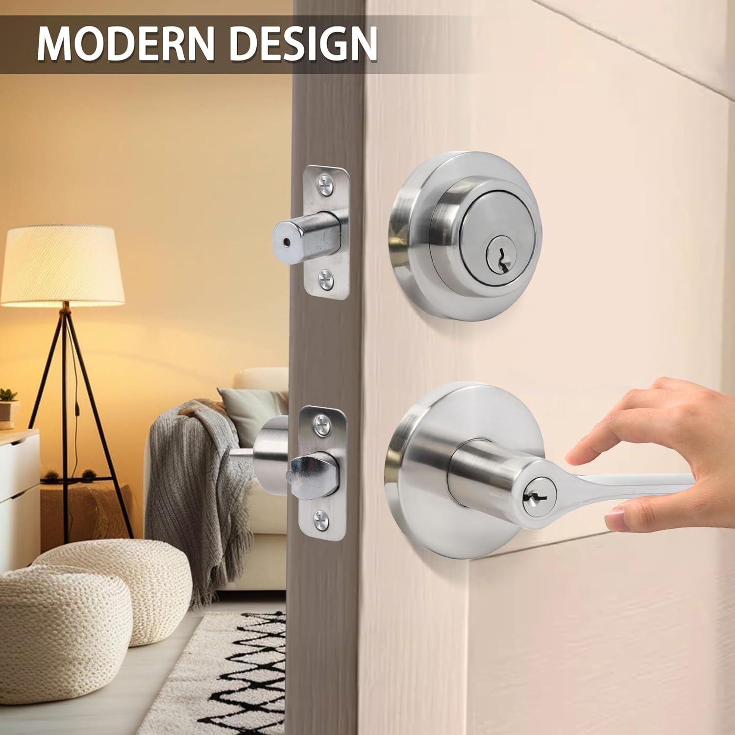 Brushed Nickel Round Stainless Steel Entry Knob and Deadbolt Set