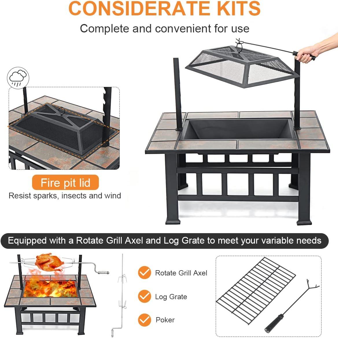 SINGLYFIRE 37 Inch Large Fire Pit with Ceramic Table & BBQ Grill for Backyard Garden