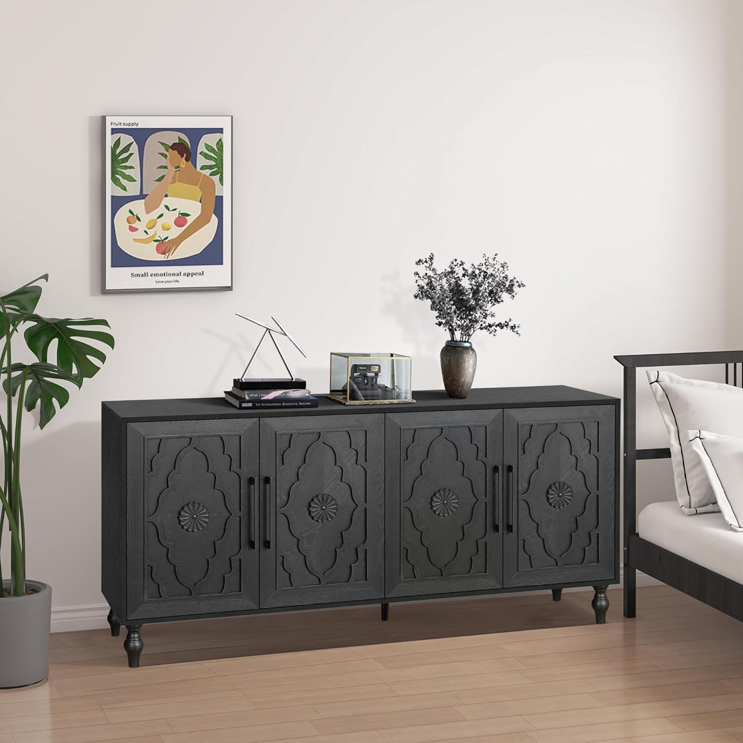 Black Carved Flower Door MDF Sideboard Buffet Cabinet