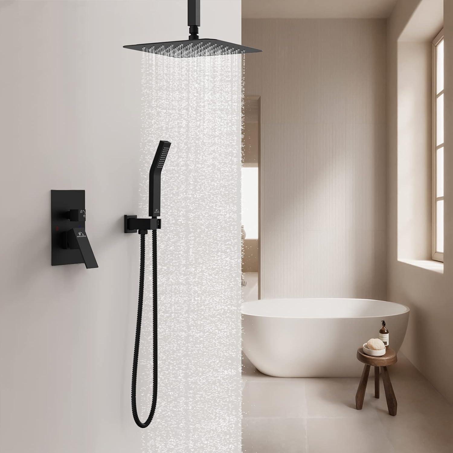 SunCleanse Rainfall Shower System Matte Black Ceiling Mounted Shower System Combo Set with High Pressure 12 Inches Square Rain Shower Head Handheld and Shower Faucet Rough-in Mixer Valve and Trim