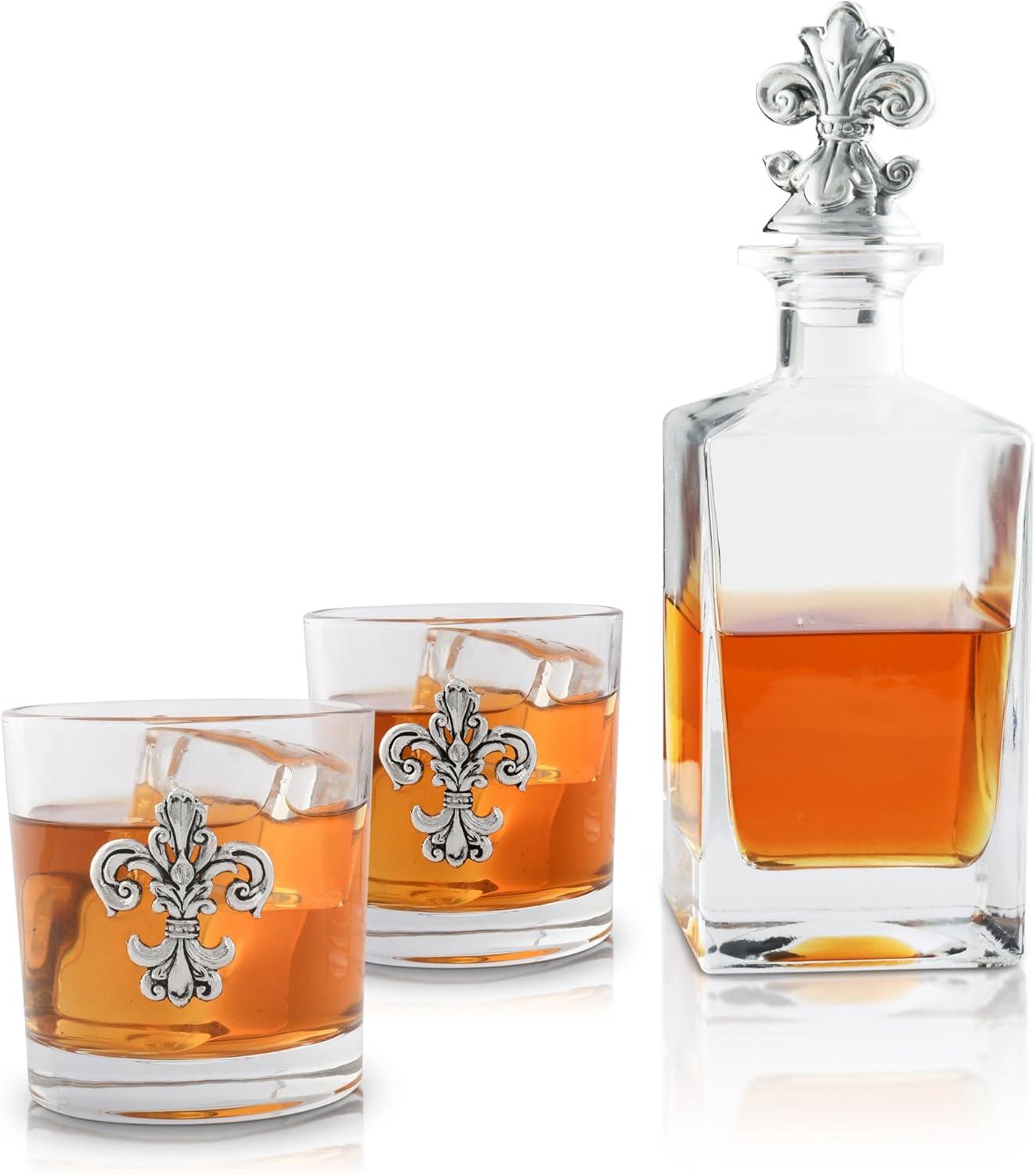 Glass Whiskey Decanter Fleur de Lis with Pair of Glasses