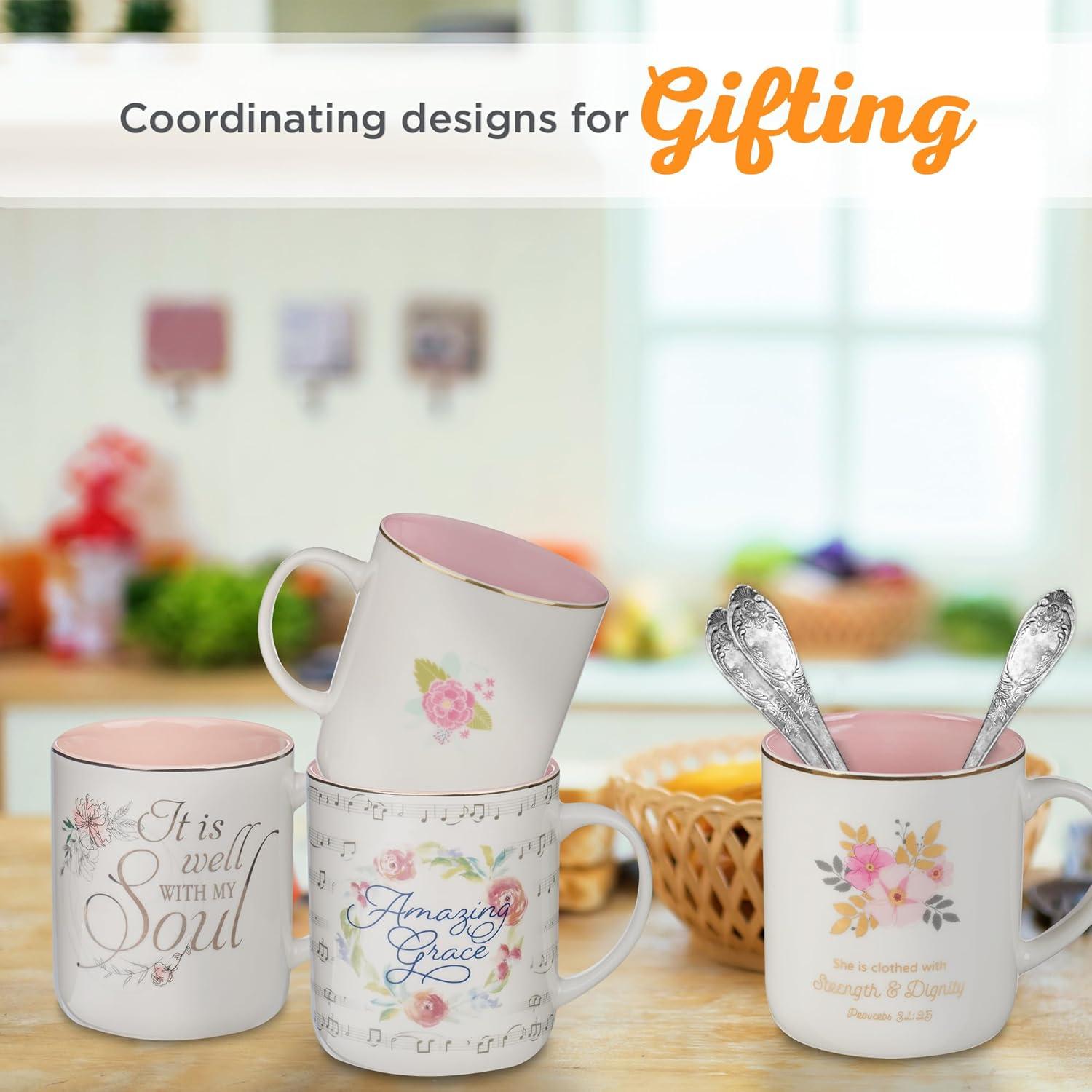 Christian Art Gifts Ceramic Coffee Mug for Women: It is Well with My Soul - Inspirational Song and Hymn, Light Floral Pink and White, 14 oz.