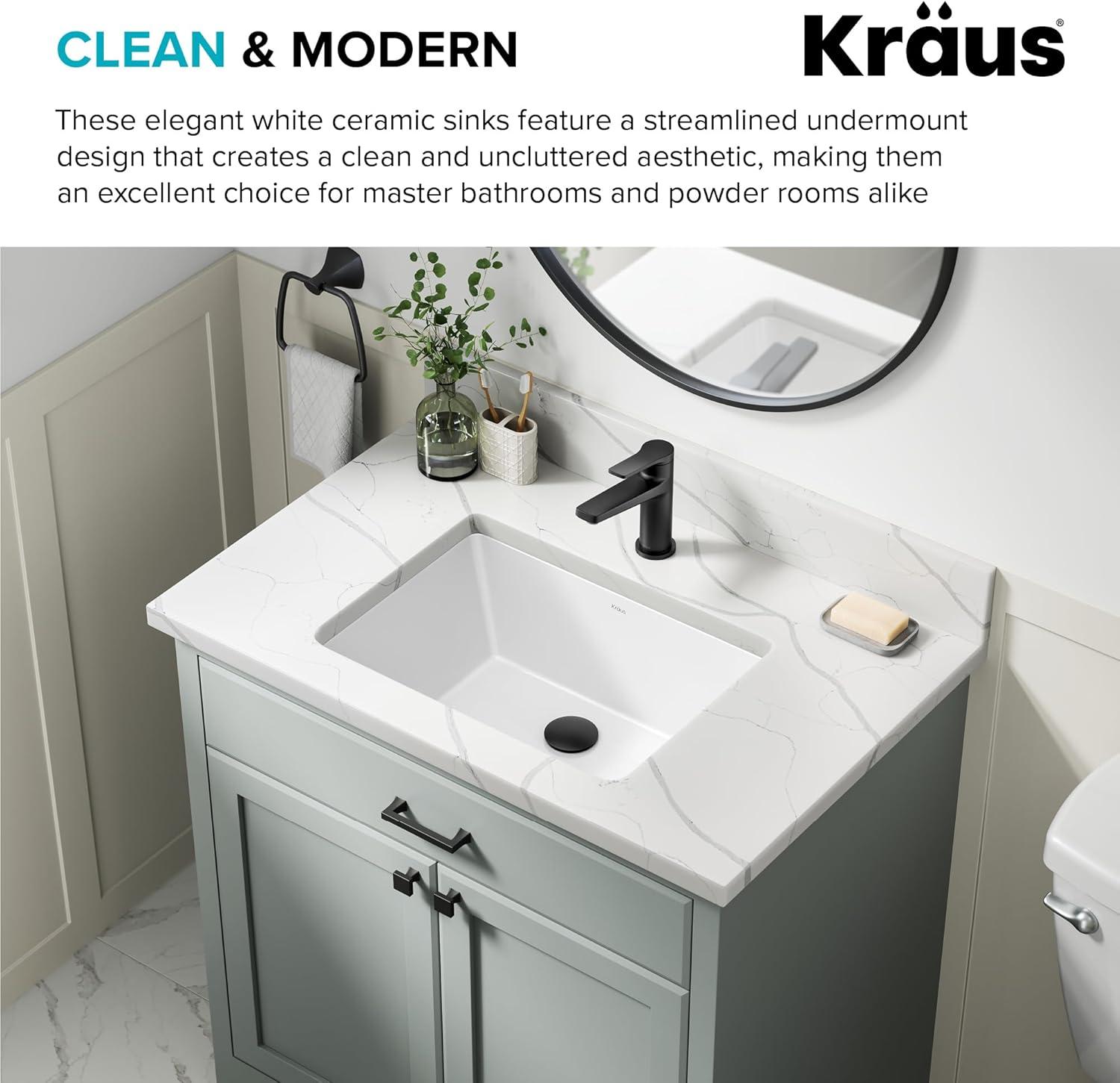 KRAUS Elavo. Rectangular Porcelain Ceramic Undermount Bathroom Sink In White With Overflow Drain, KCU-244