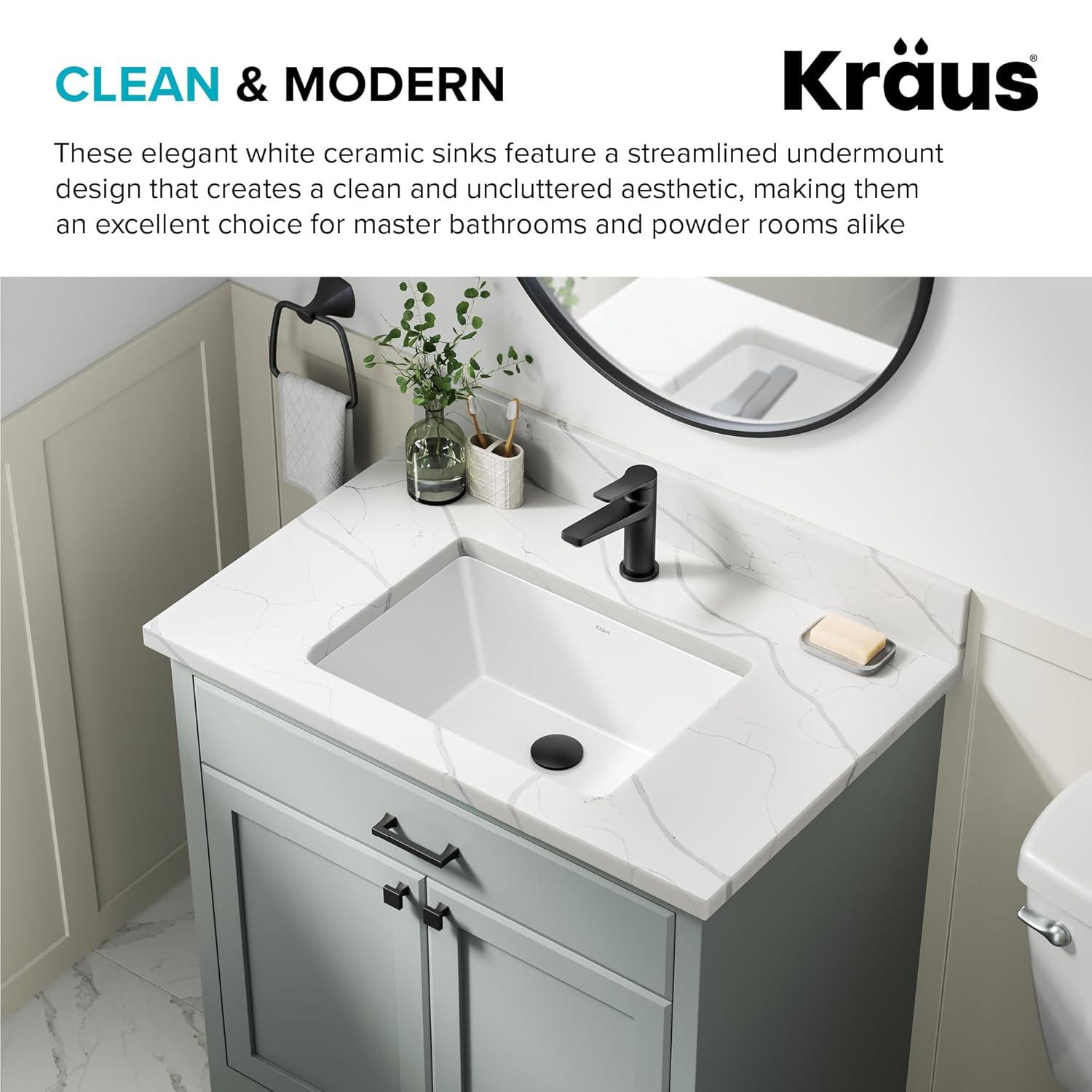 KRAUS Elavo. Rectangular Porcelain Ceramic Undermount Bathroom Sink In White With Overflow Drain, KCU-244