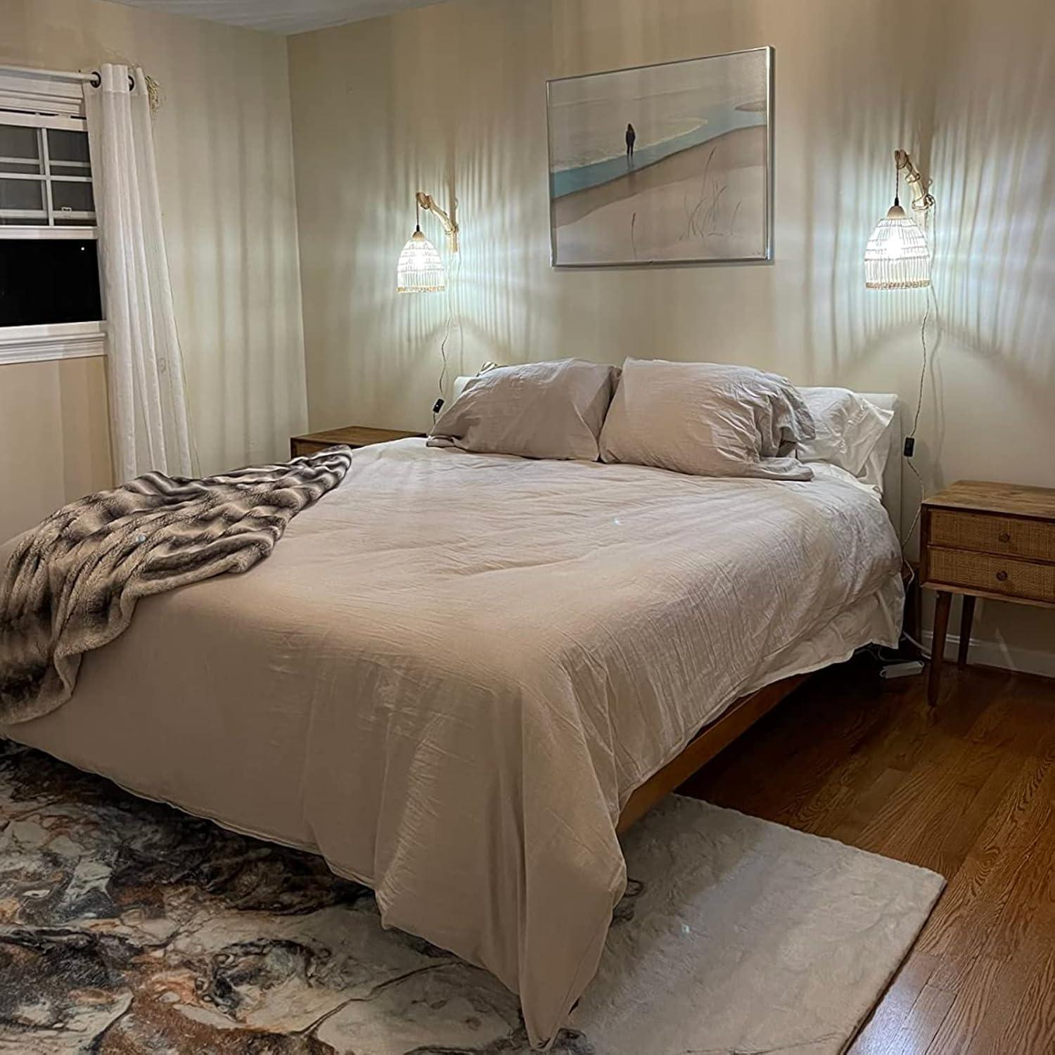 Bay Isle Home™ Cateno Bamboo Wall Sconces Set Of Two Plug In, Boho Wall Lamp With Plug In Cord, Farmhouse Wall Light Fixtures With 9.84FT On/Off Switch Cord, Rattan Sconces Wall Lighting For Bedroom Living Room (Set of 2)