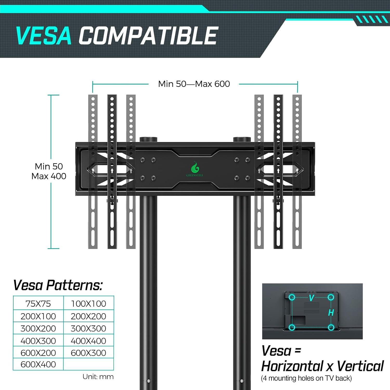 GREENSTELL TV Stand with Power Outlet, Mobile TV Cart on Wheels for 32-85 inch LED LCD Flat Curved Panel Screen TVs, up to 132lbs, Height Adjustable Rolling TV Stand with AV Shelf, Max VESA 600x400mm