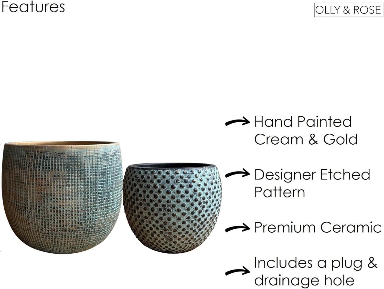 Olly & Rose Ceramic Green Gold Plant Pot Set 2 - 6.8" and 5.5" Indoor Planters Cement Outdoor Flower Pots