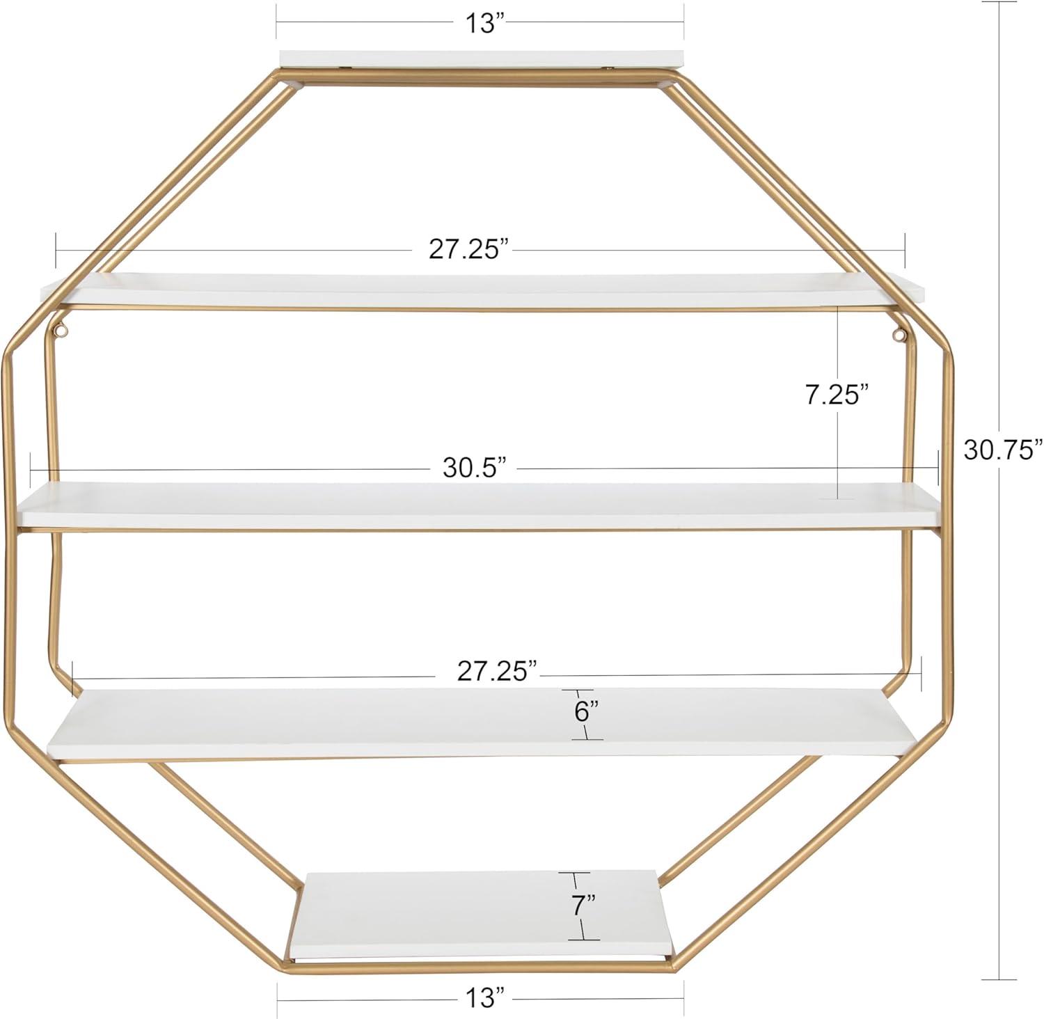 Kate and Laurel Lintz Large Modern Octagon Floating Wall Shelves with Metal Frame, Gold and White