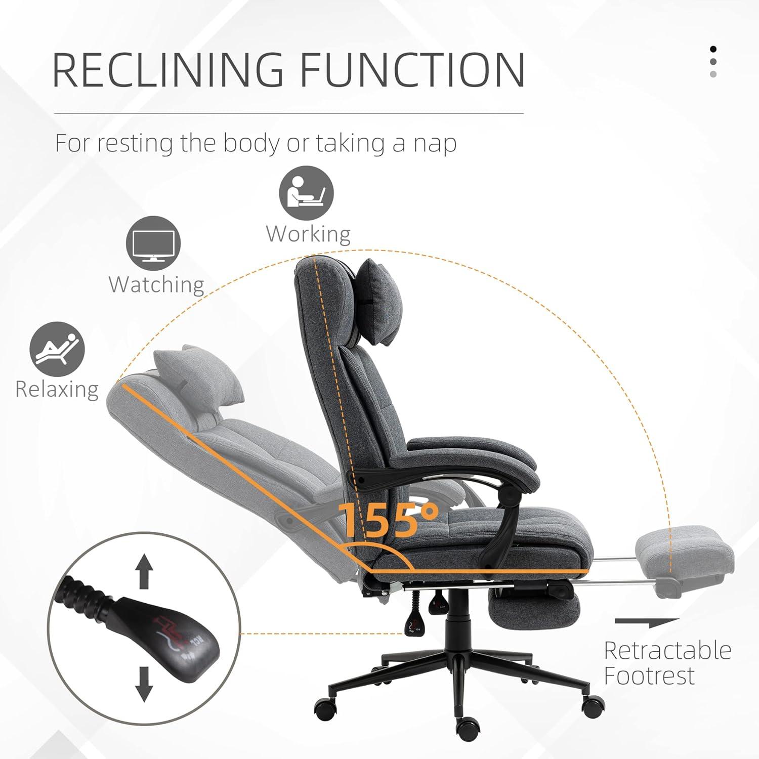 Vinsetto Executive Linen-Feel Fabric Office Chair High Back Swivel Task Chair with Upholstered Retractable Footrest, Headrest and Padded Armrest, Dark Grey