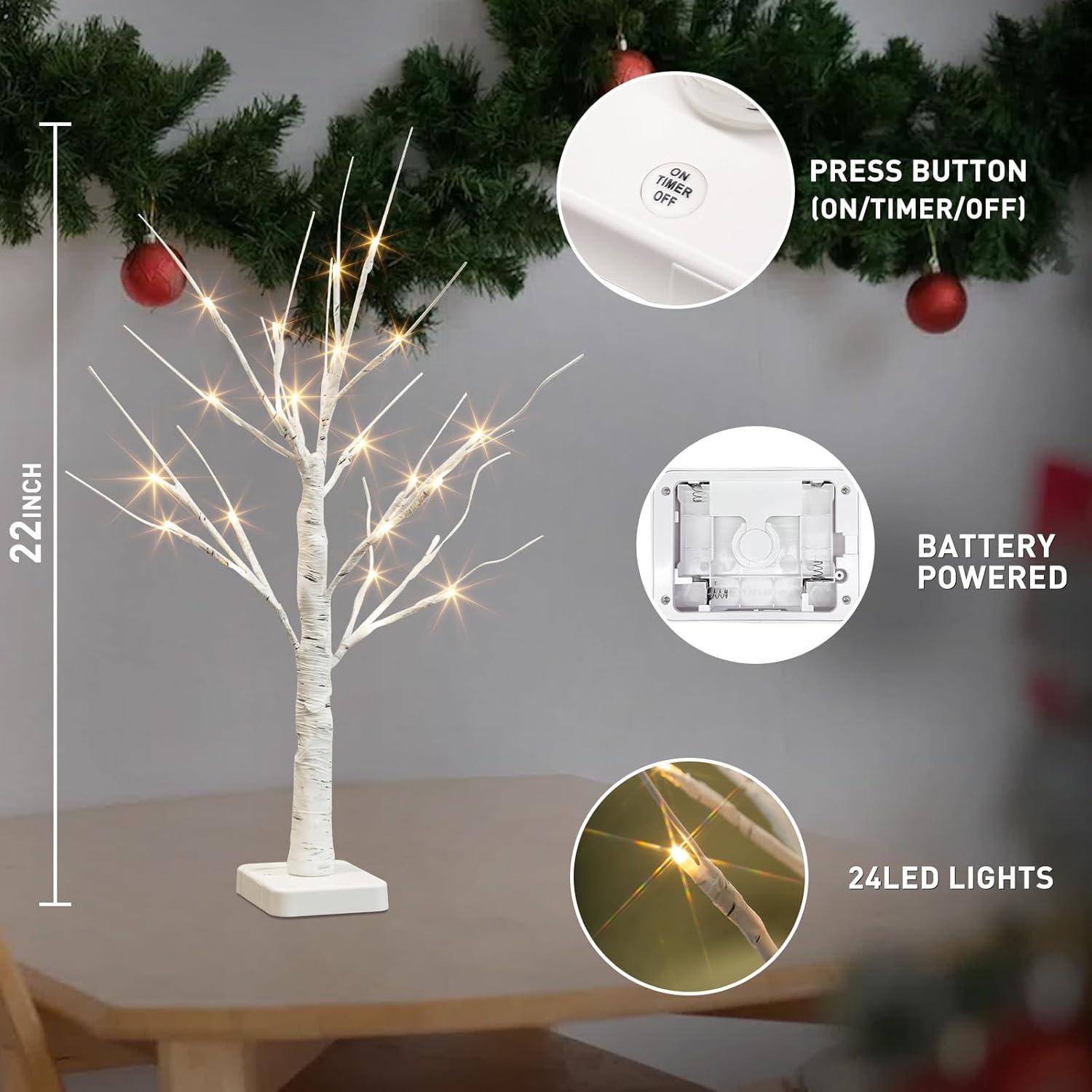 The Holiday Aisle® White Birch Tree With LED Lights - Set Of 2, LED Tabletop Tree With Timer, Christmas Decorations Lighted Tree For Indoor Mantel Home Decor (2 FT, 24 LED)