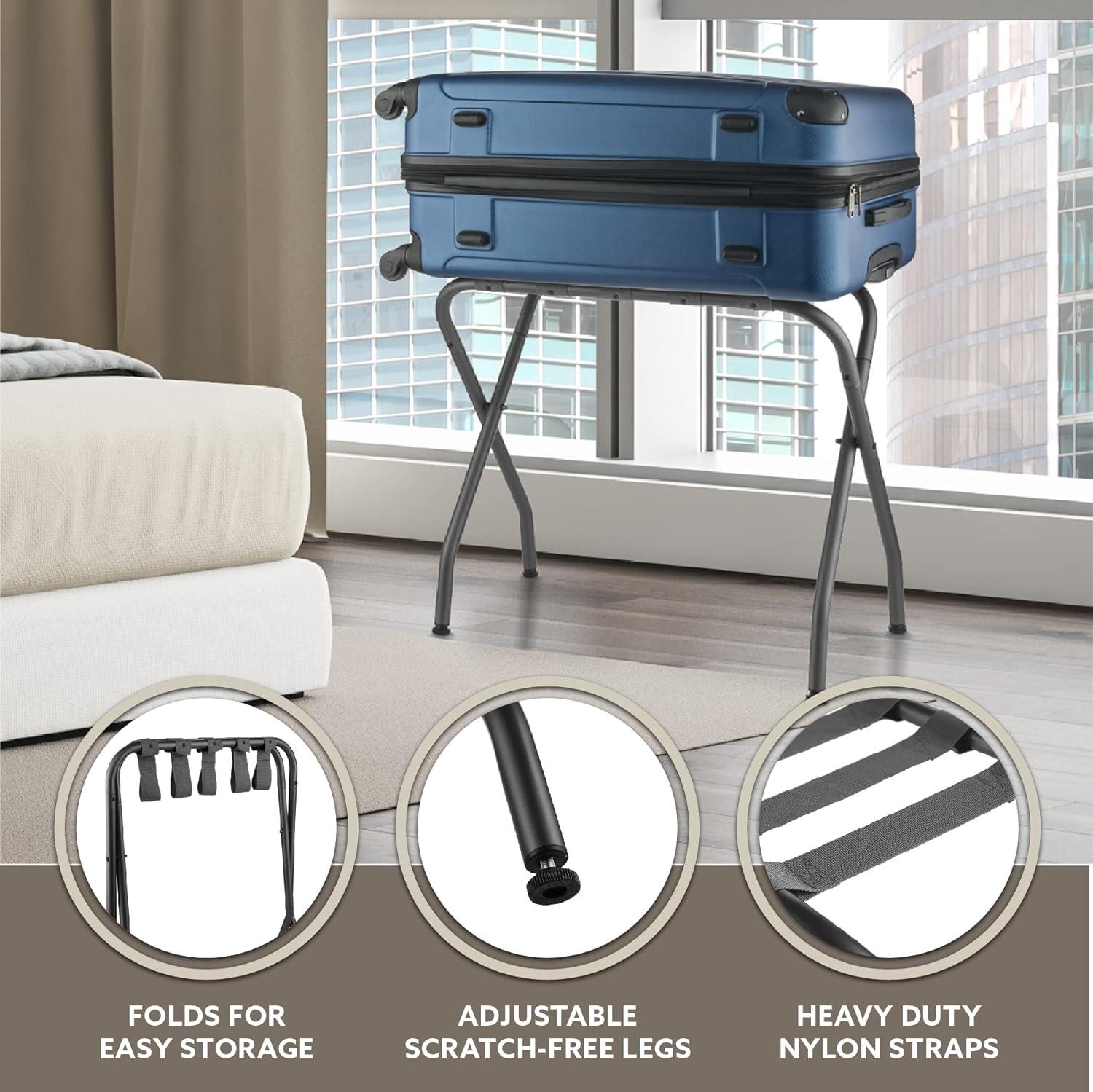 BINO 2-Pack Folding Luggage Rack Collapsible Metal Suitcase Stand With Durable Black Nylon Straps- For Bedroom, Guest Room, Or Hotel (Gray Steel)