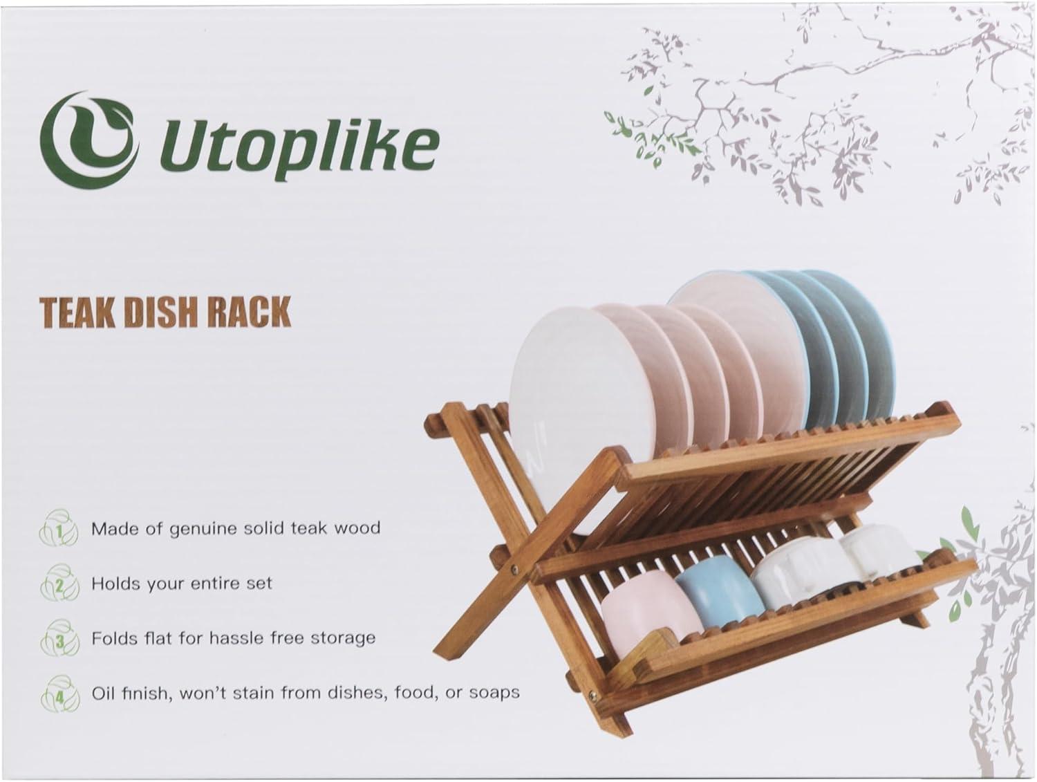 Utoplike Teak Dish Drainer Rack Collapsible 2 Tier Dish Rack Dish Drying Rack Plate Holder for Kitchen Compact Foldable