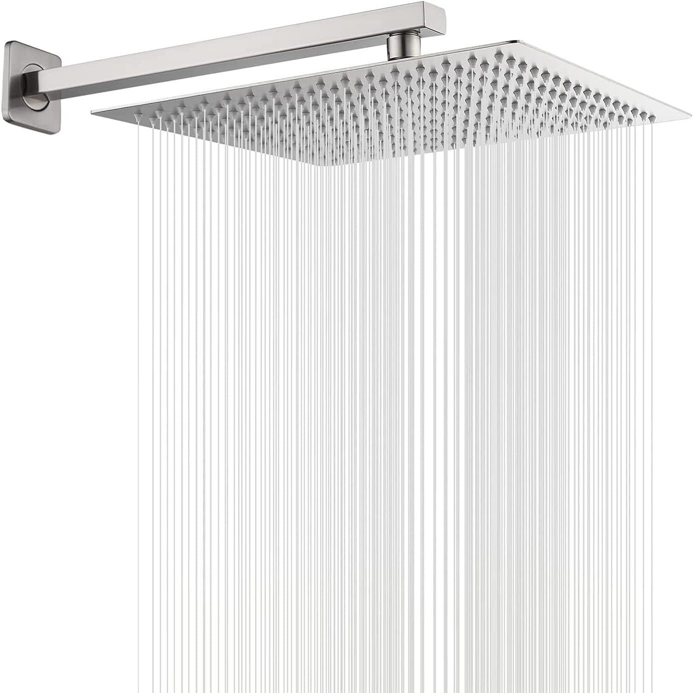 Brushed Nickel 12-Inch Square Rain Shower Head with Wall Mount