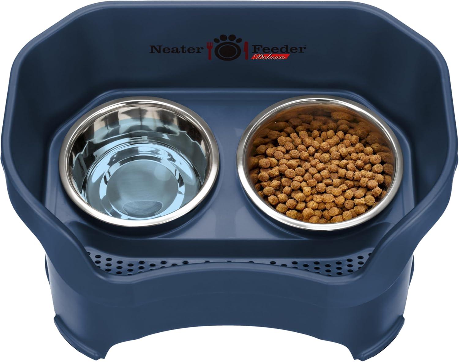 Neater Feeder - Deluxe Model - Mess-Proof Dog Bowls (Large, Dark Blue) - Made in USA - Elevated, No Spill, Non-Tip, Non-Slip, Raised Stainless Steel Food & Water Pet Bowls