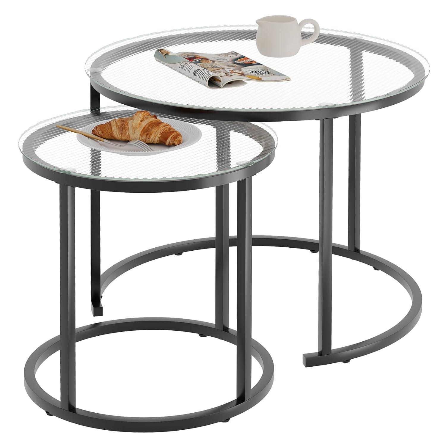 aboxoo Gold Nesting Coffee Table Set of 2, Small Glass Round Nesting Tables for Living Room Bedroom, Accent Tea Table with Black Metal Frame Modern Industrial Simple