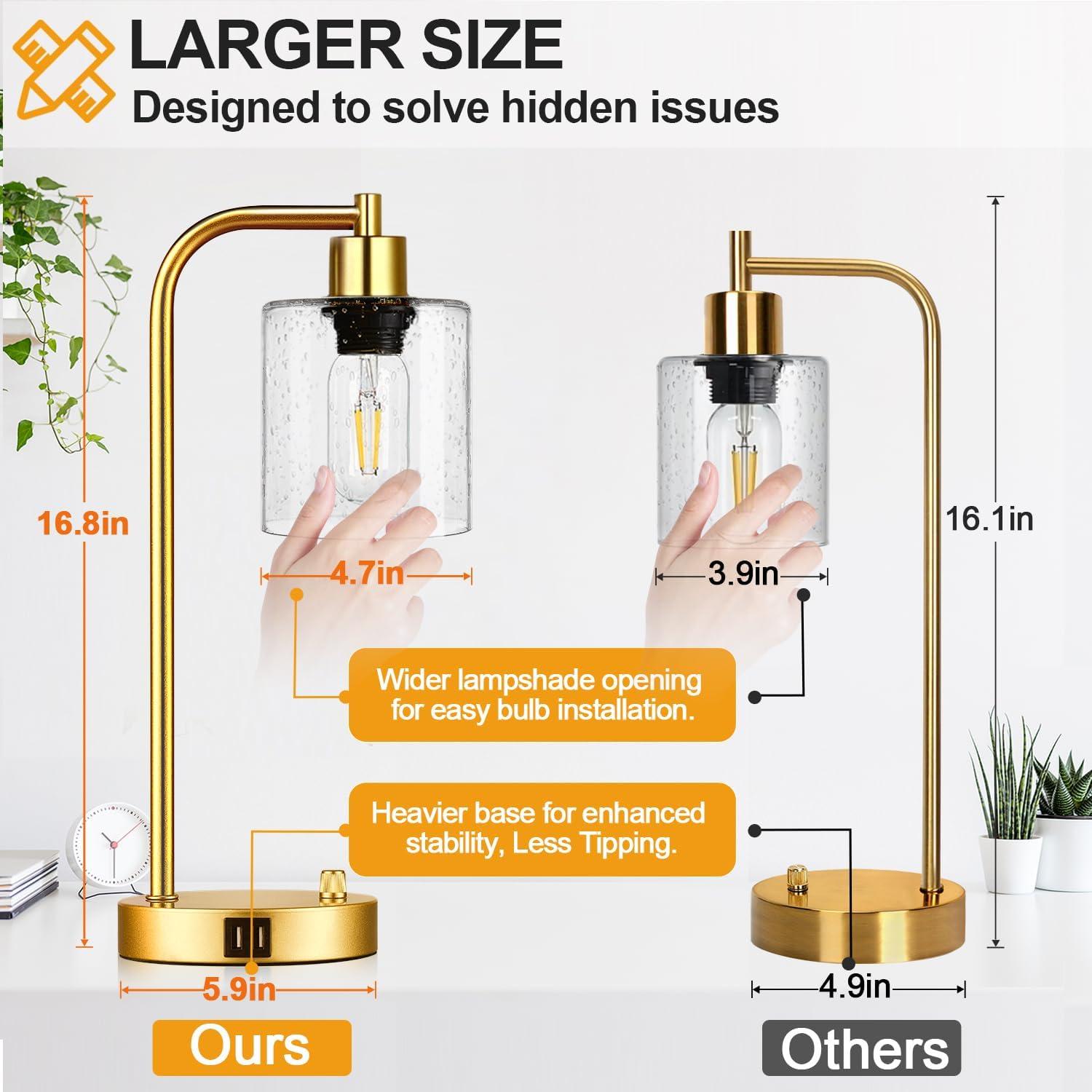 【Upgraded】Set of 2 Industrial Table Lamps with 2 USB Port, Fully Stepless Dimmable Bedside Lamps for Bedroom, Nightstand Desk Lamps with Glass Shade for Bedroom Living Room Office 2 LED Bulb Included