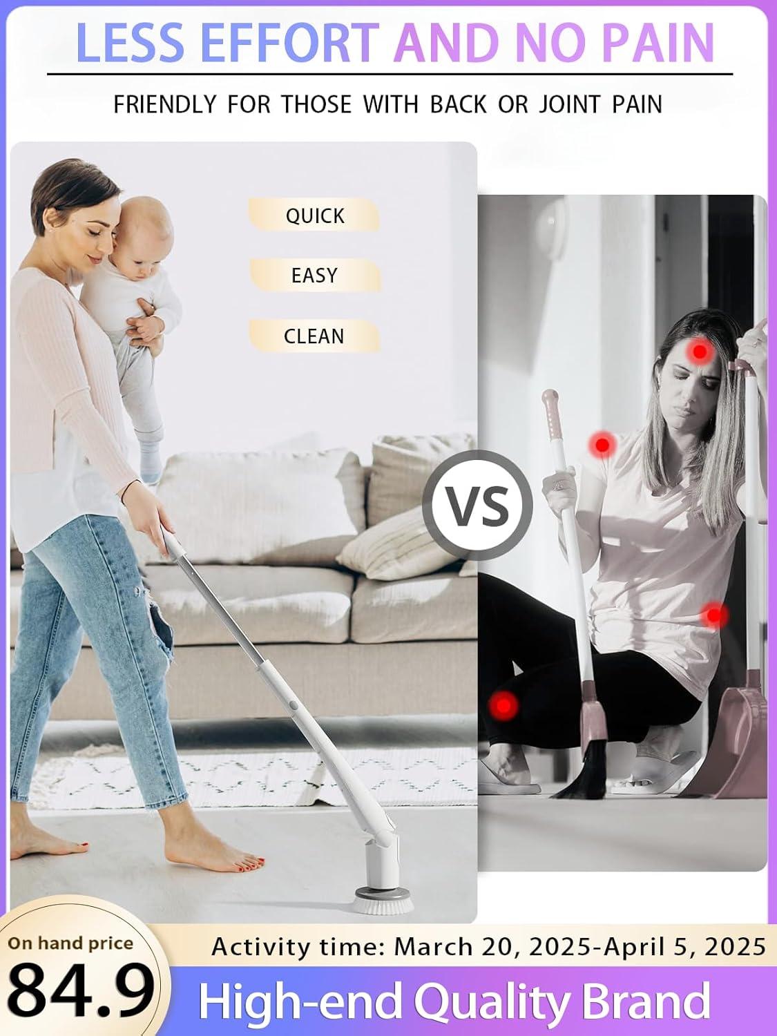 Tilswall Cordless Electric Spin Scrubber - IPX7 Waterproof Cleaning Brush with 180Min Runtime & 43" Extendable Handle, Ideal Gift for Home/Bathroom/Car (Includes 4 Brush Heads)