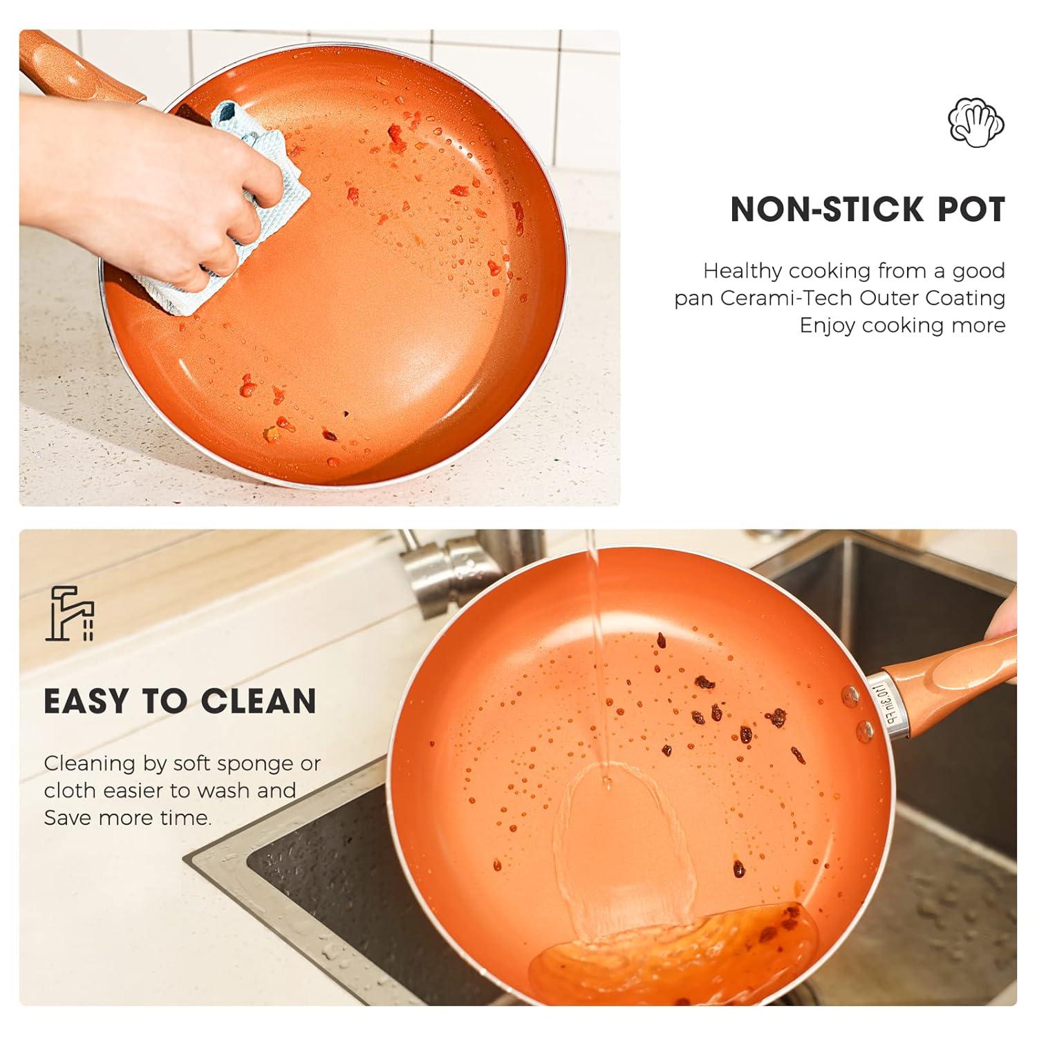 Clockitchen Non Stick Pots and Pan Set, 10pcs Cookware Set with Ceramic Coating, Non-toxic Cooking Pot, Compatible with All Stoves, Copper