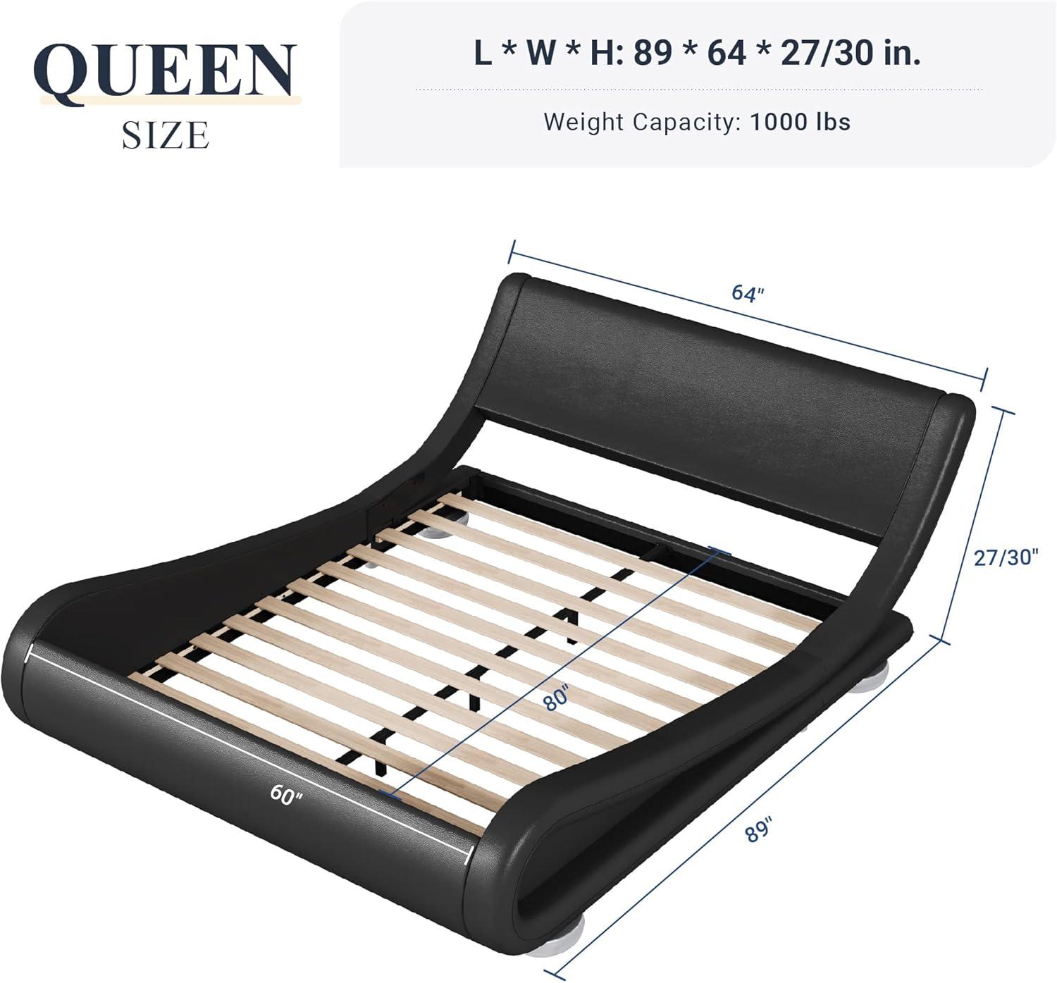 Allewie Queen Size Low Profile Modern Upholstered Platform Bed Frame with Ergonomic & Adjustable Headboard, Black